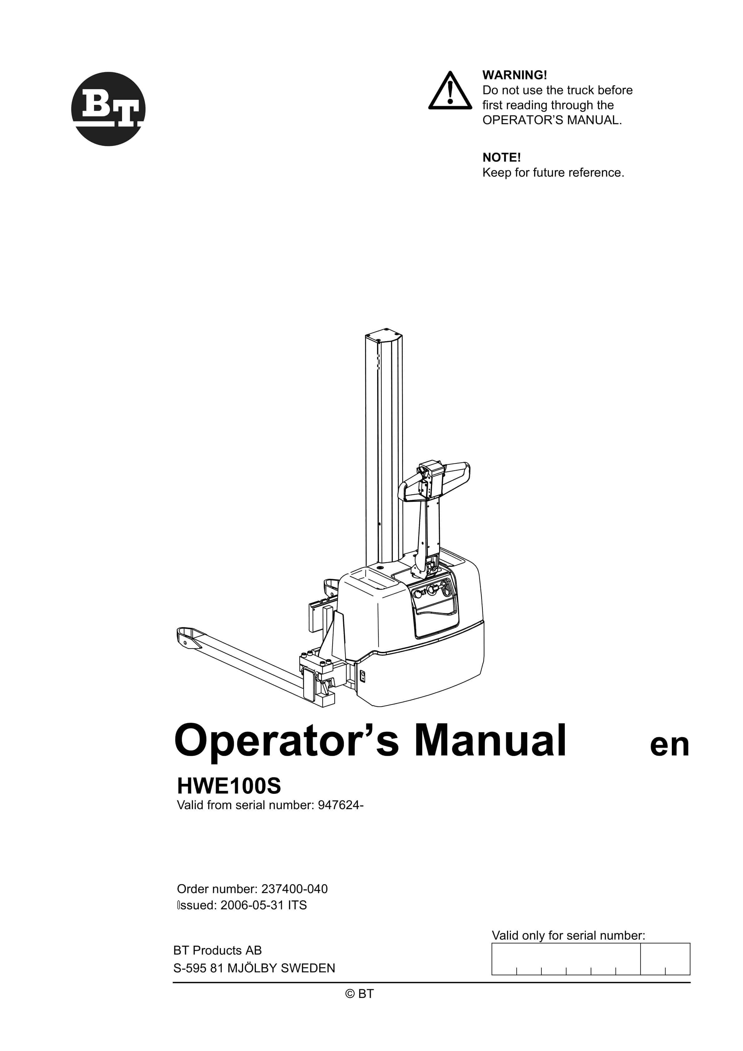 BT HWE100S Operator Manual 237400-040