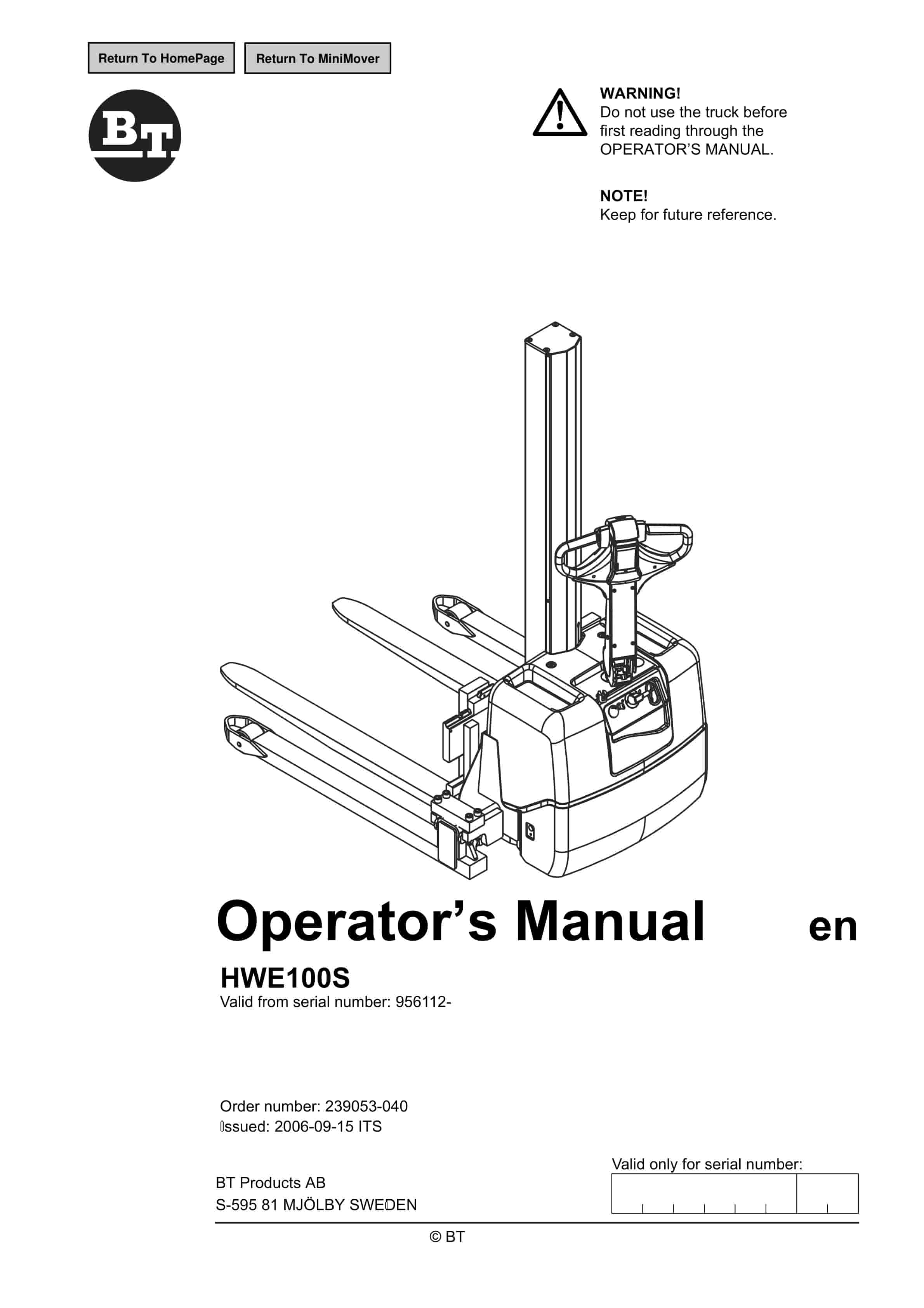 BT HWE100S Operator Manual 239053-040