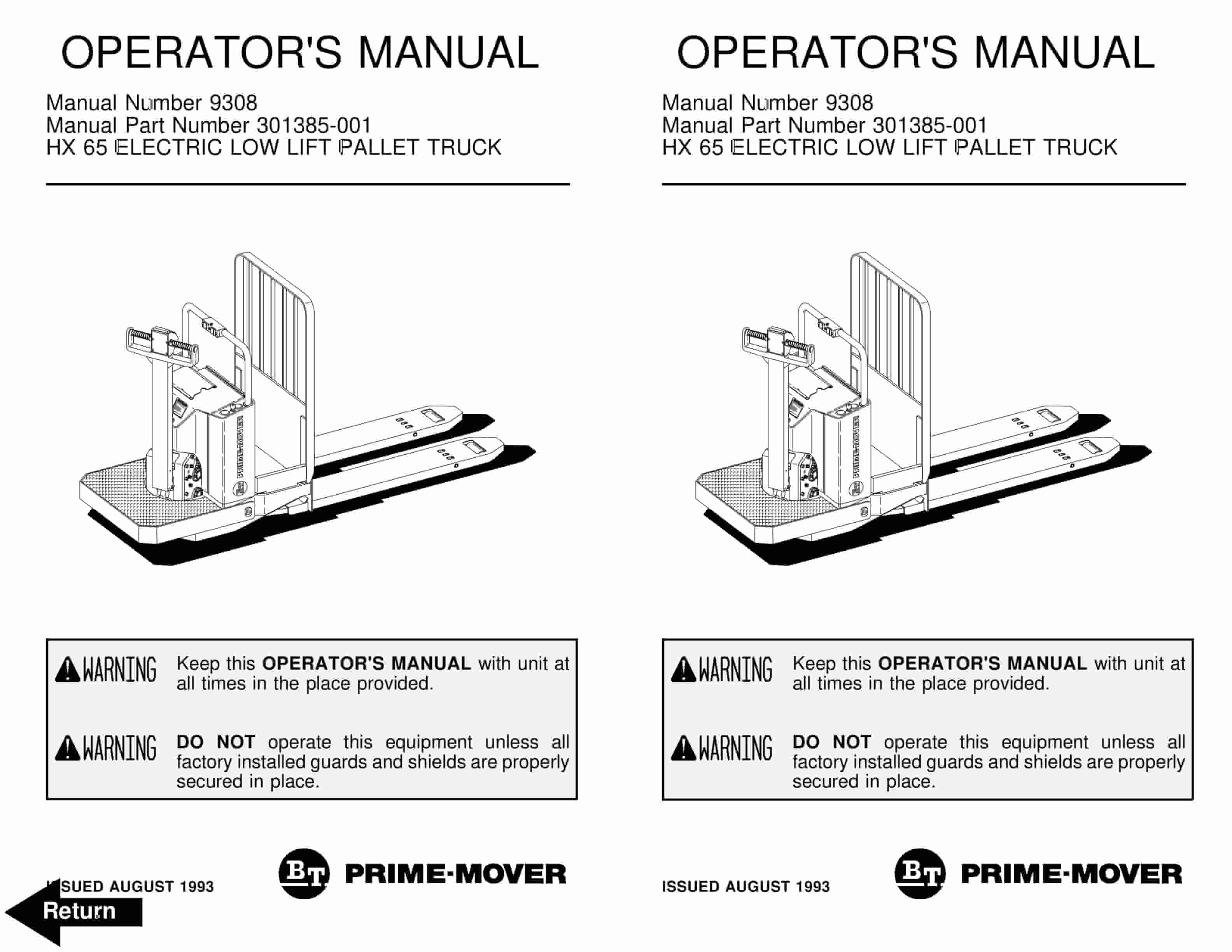 BT HX-65 Electric Low Lift Pallet Truck Operator Manual 301385-001