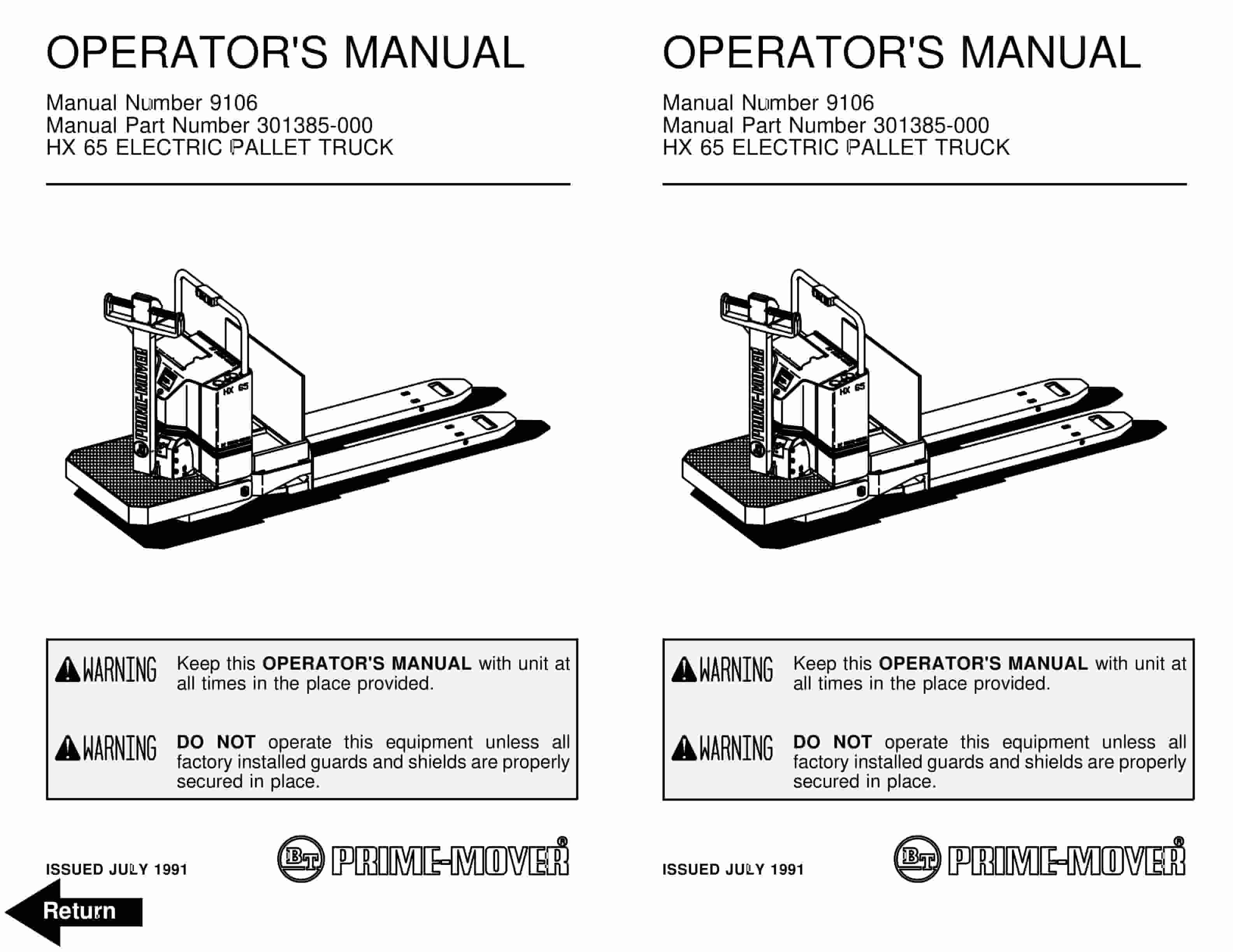 BT HX-65 Electric Pallet Truck Operator Manual 301385-000