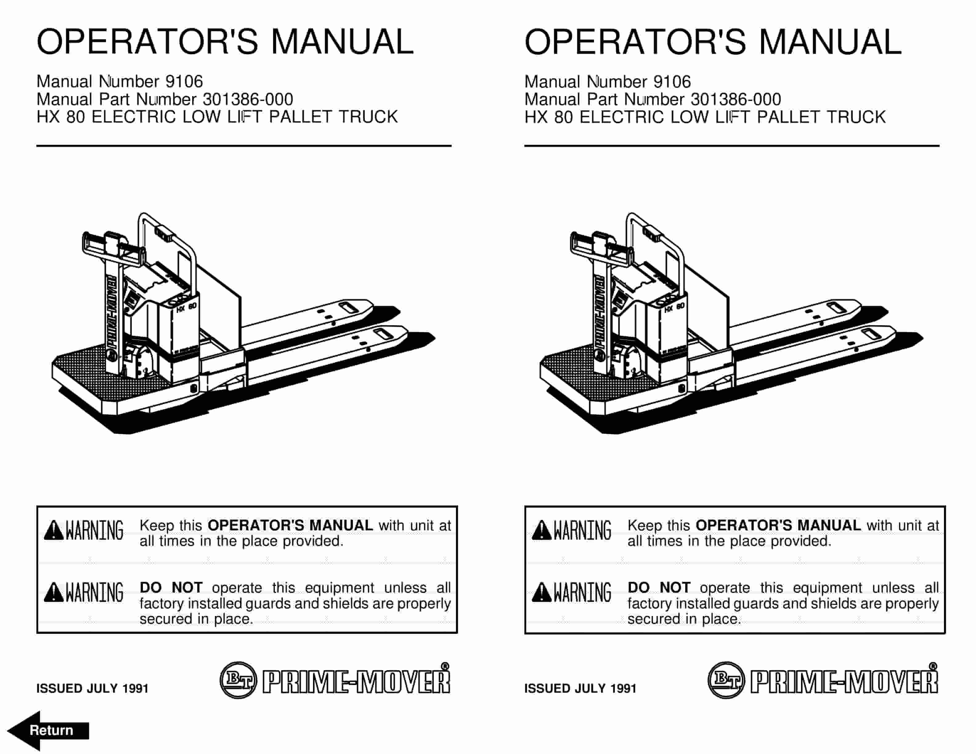 BT HX-80 Electric Low Lift Pallet Truck Operator Manual 301386-000