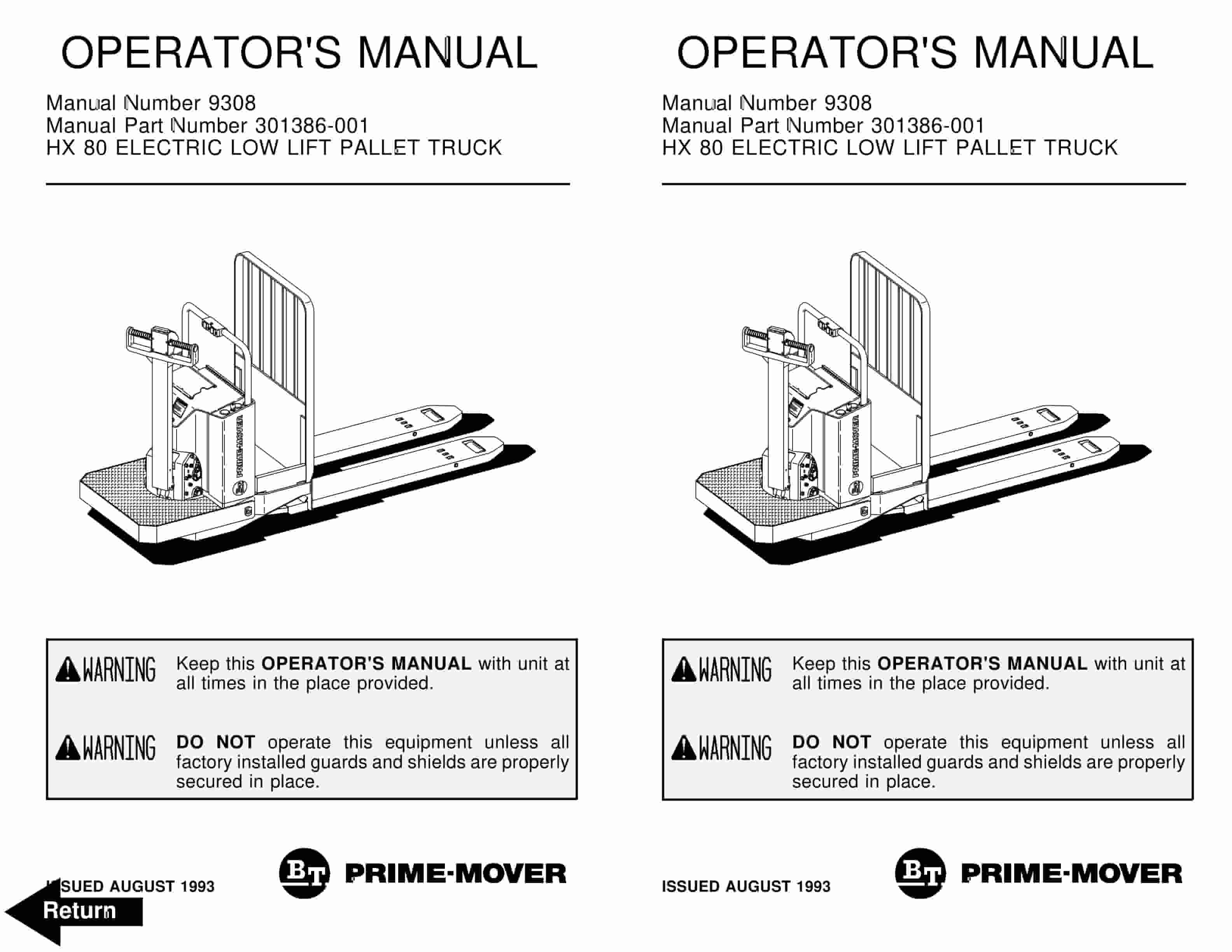 BT HX-80 Electric Low Lift Pallet Truck Operator Manual 301386-001
