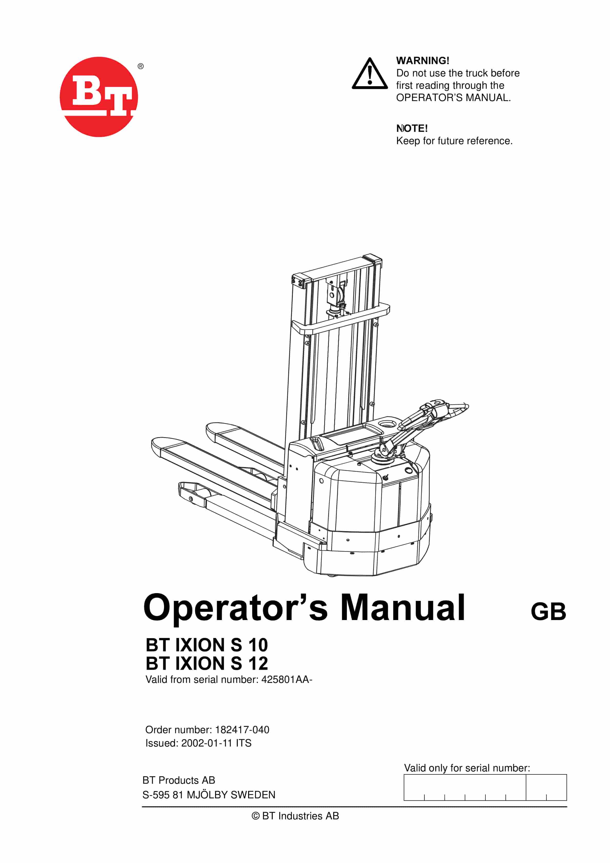 BT IXION S 10, S 12 Operator Manual 182417-040