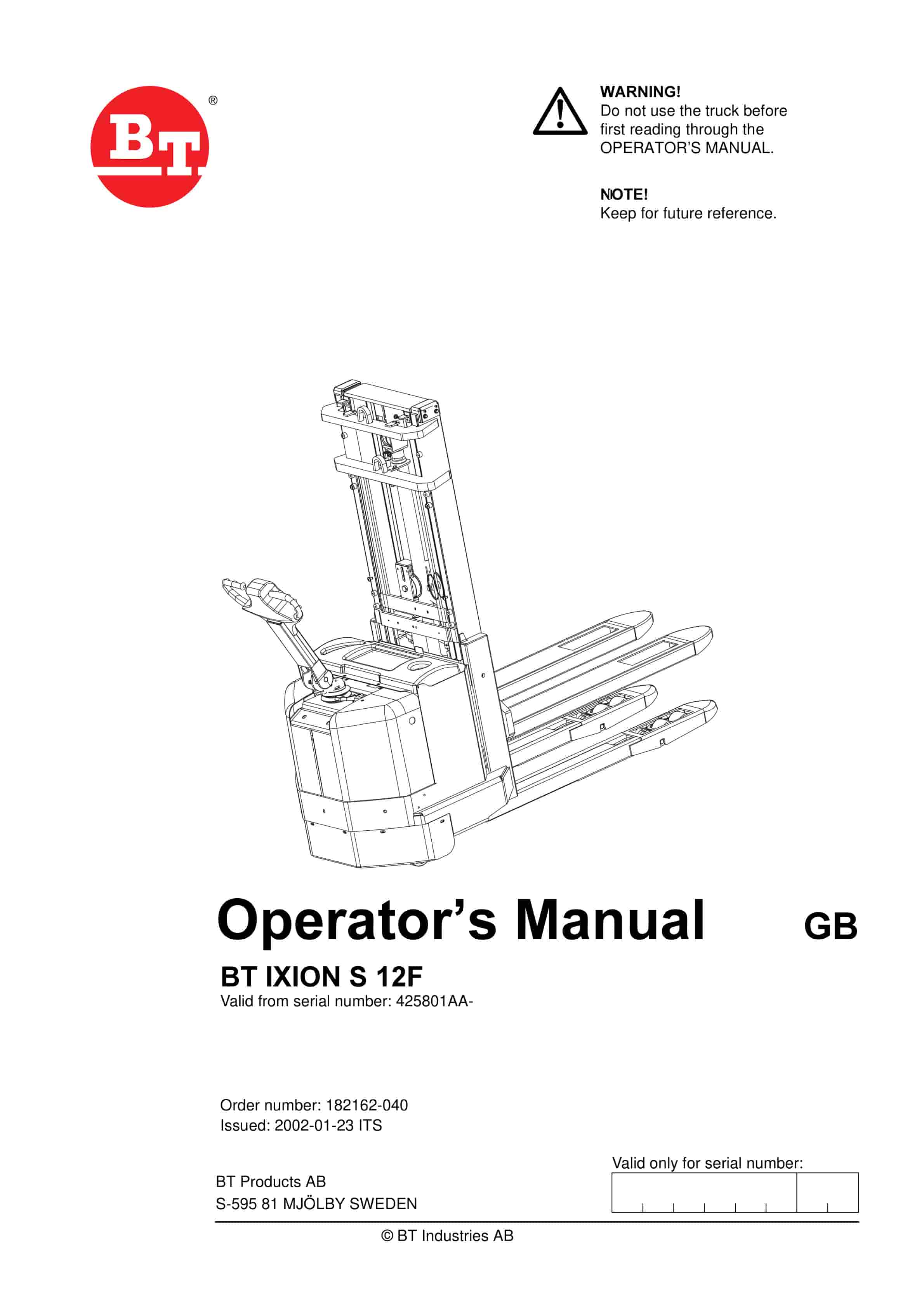 BT IXION S 12F Operator Manual 182162-040