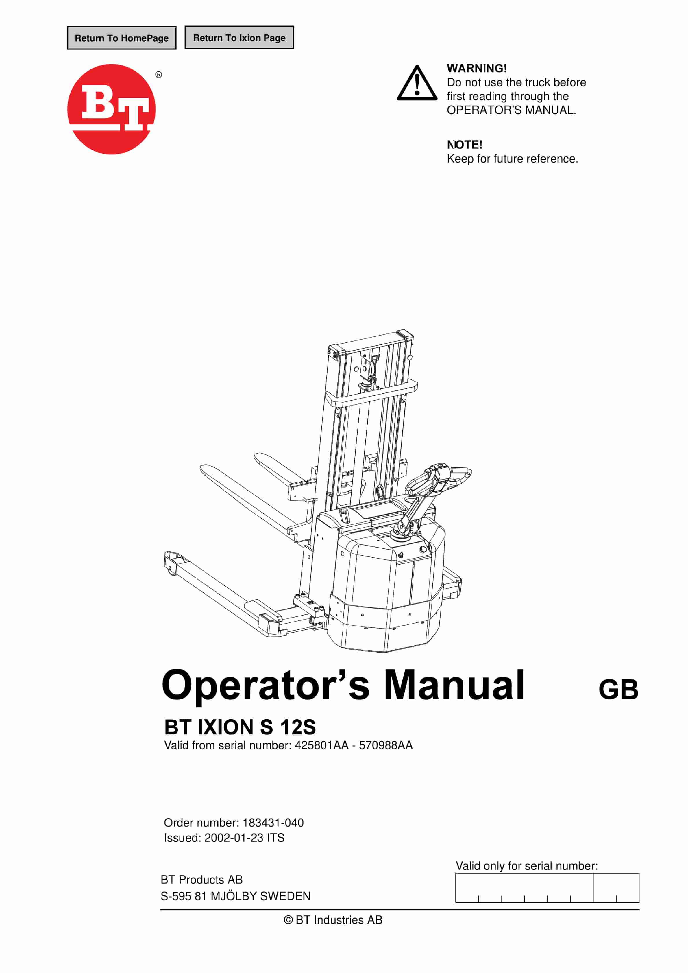 BT IXION S 12S Operator Manual 183431-040