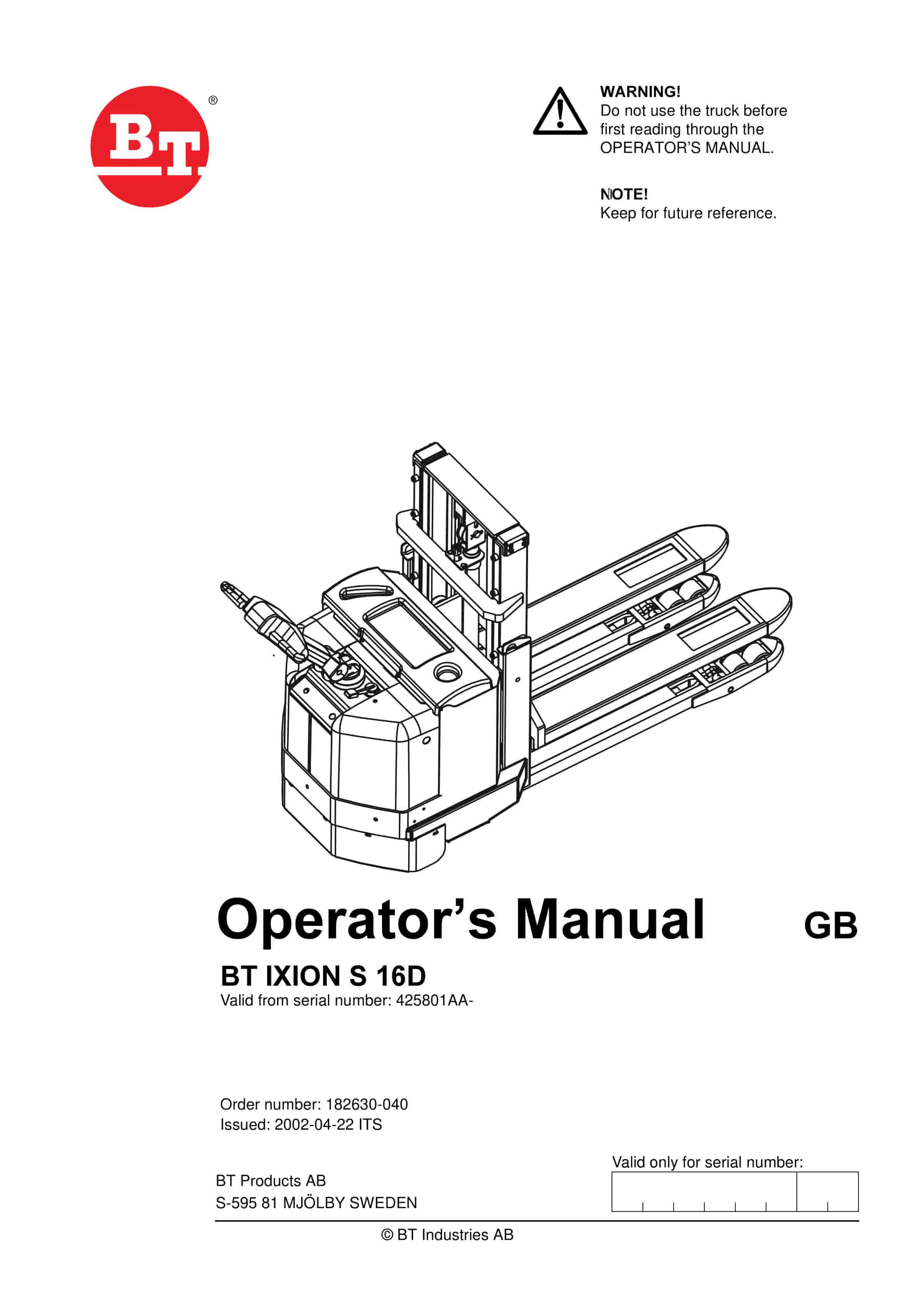 BT IXION S 16D Operator Manual 182630-040