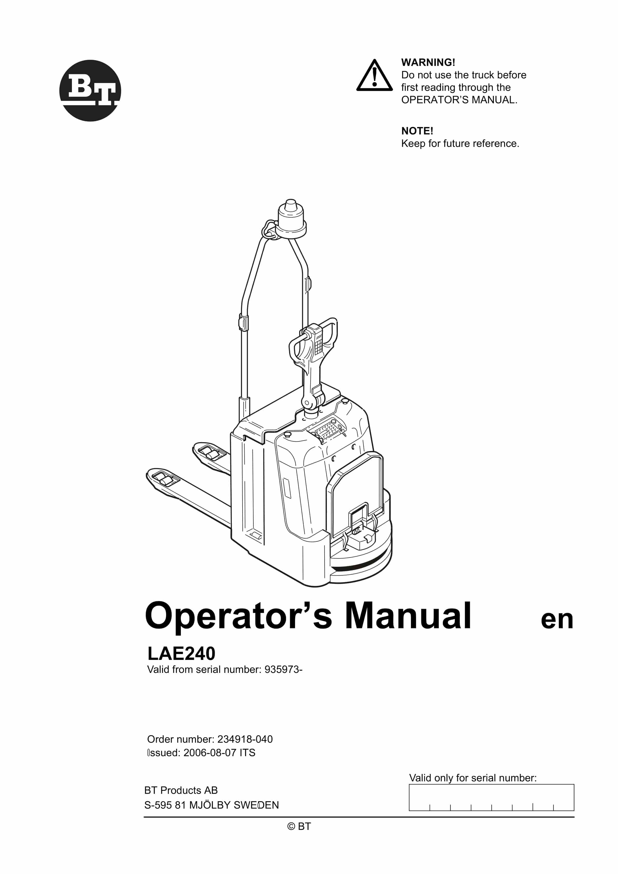 BT LAE240 Operator Manual 234918-040