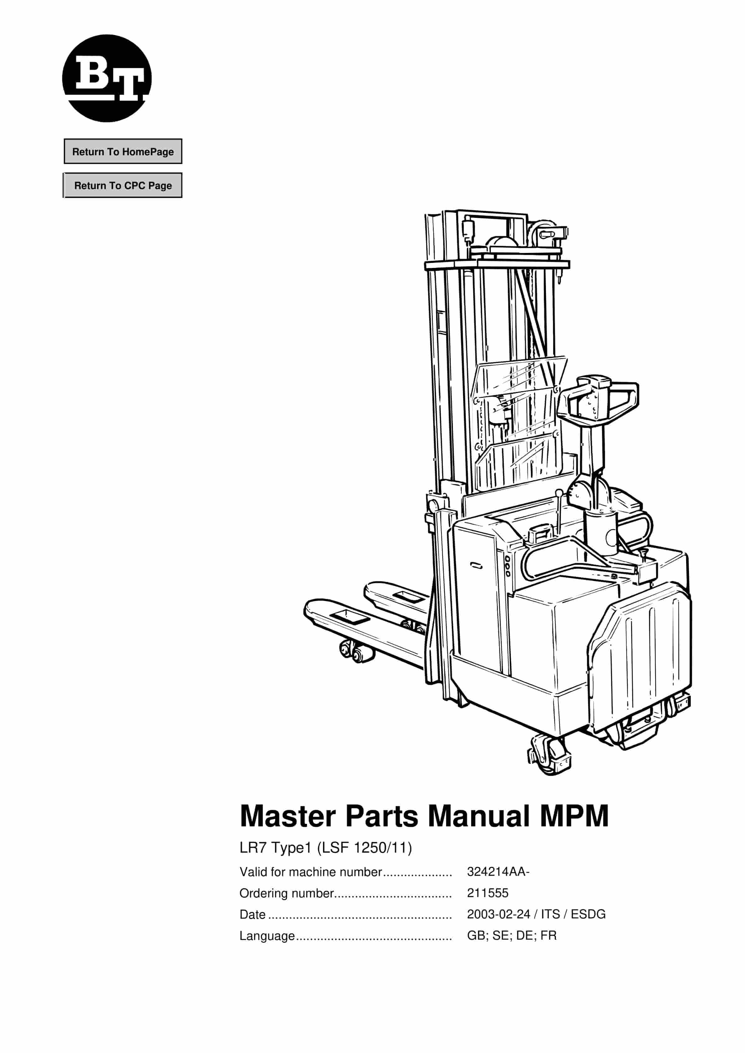 BT LR7 Type1 (LSF 1250-11) Parts Manual 211555