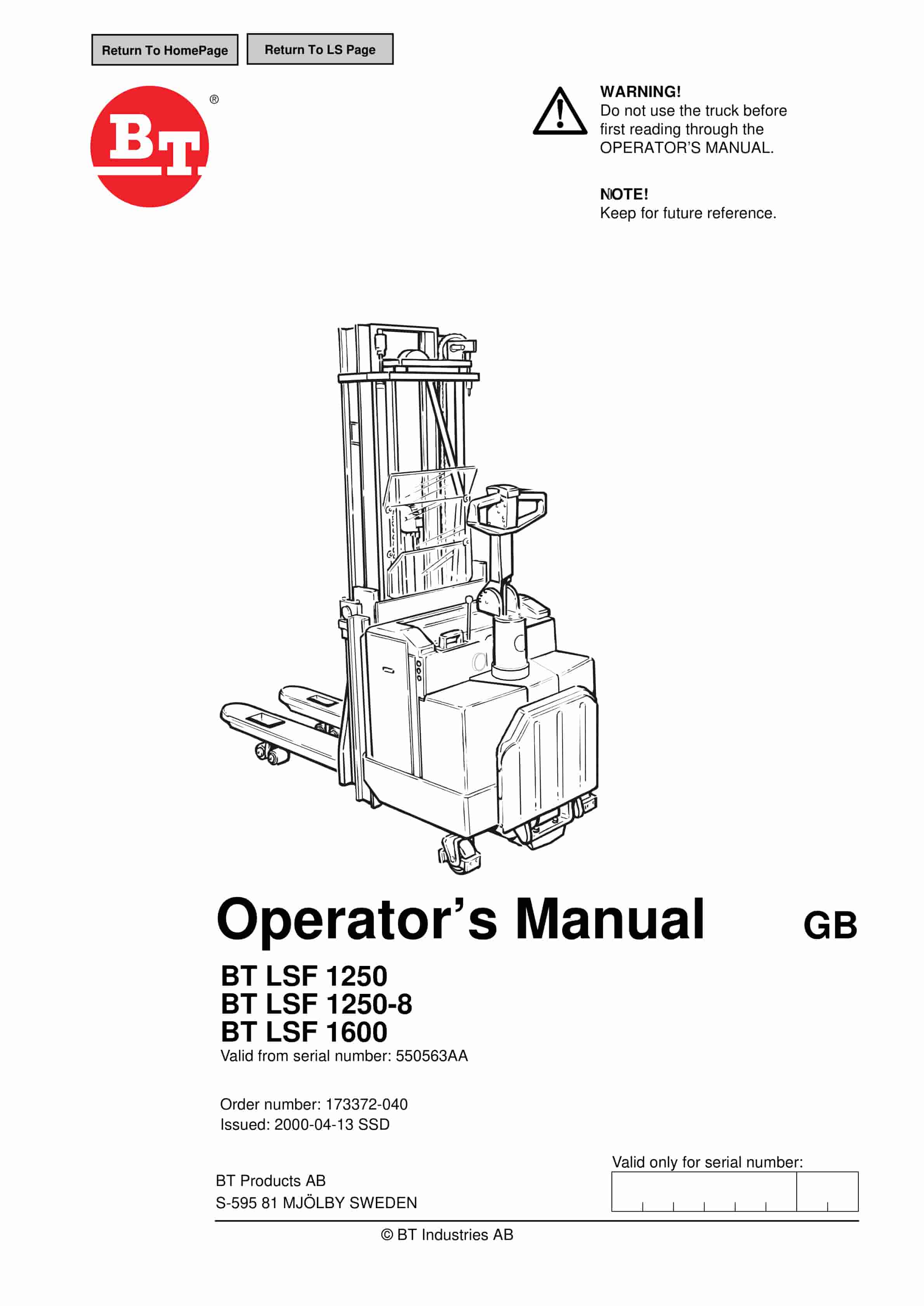 BT LSF 1250, LSF 1250-8, LSF 1600 Operator Manual 173372-040