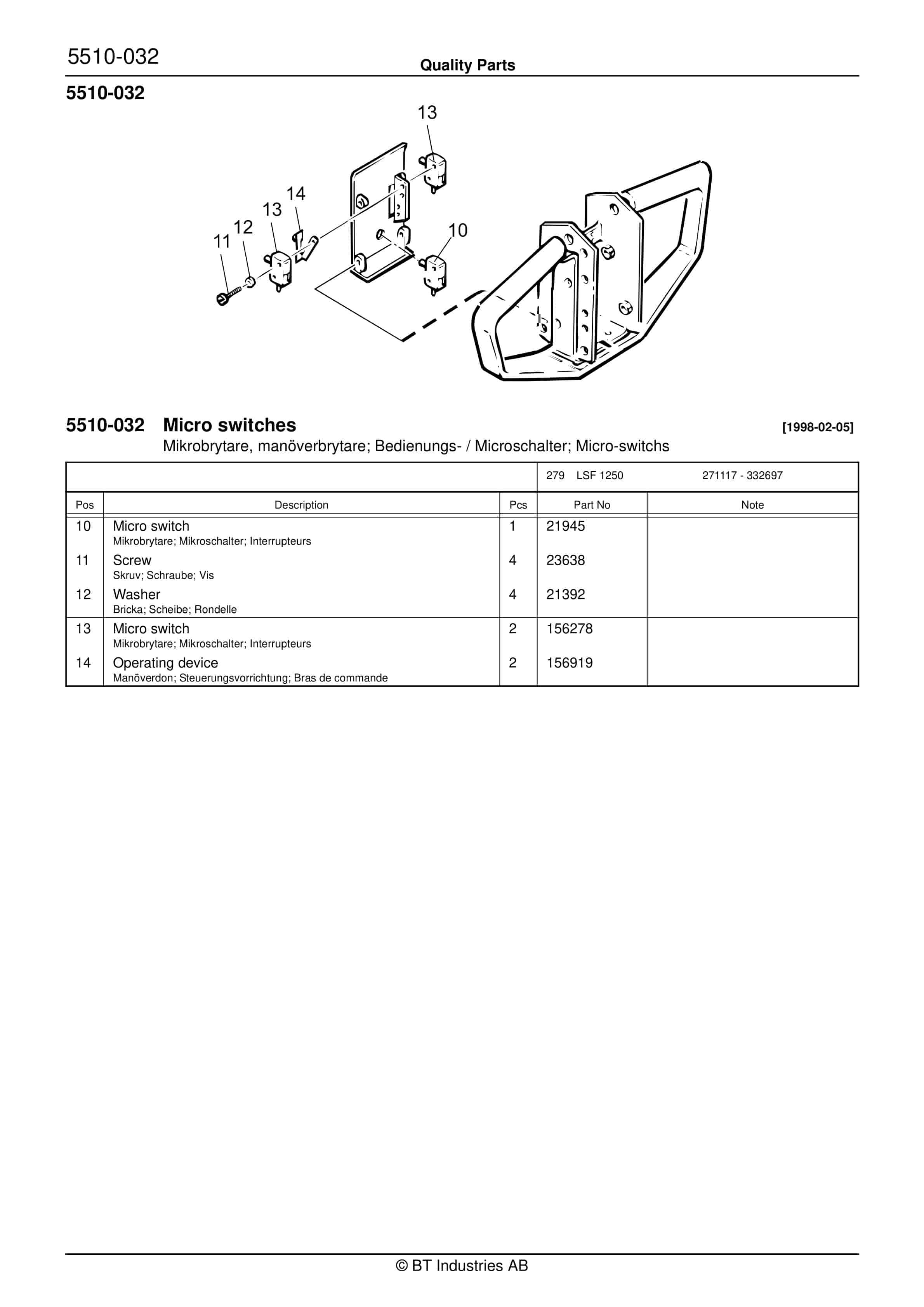 Alternative view of BT LSF 1250 Parts Manual 172470