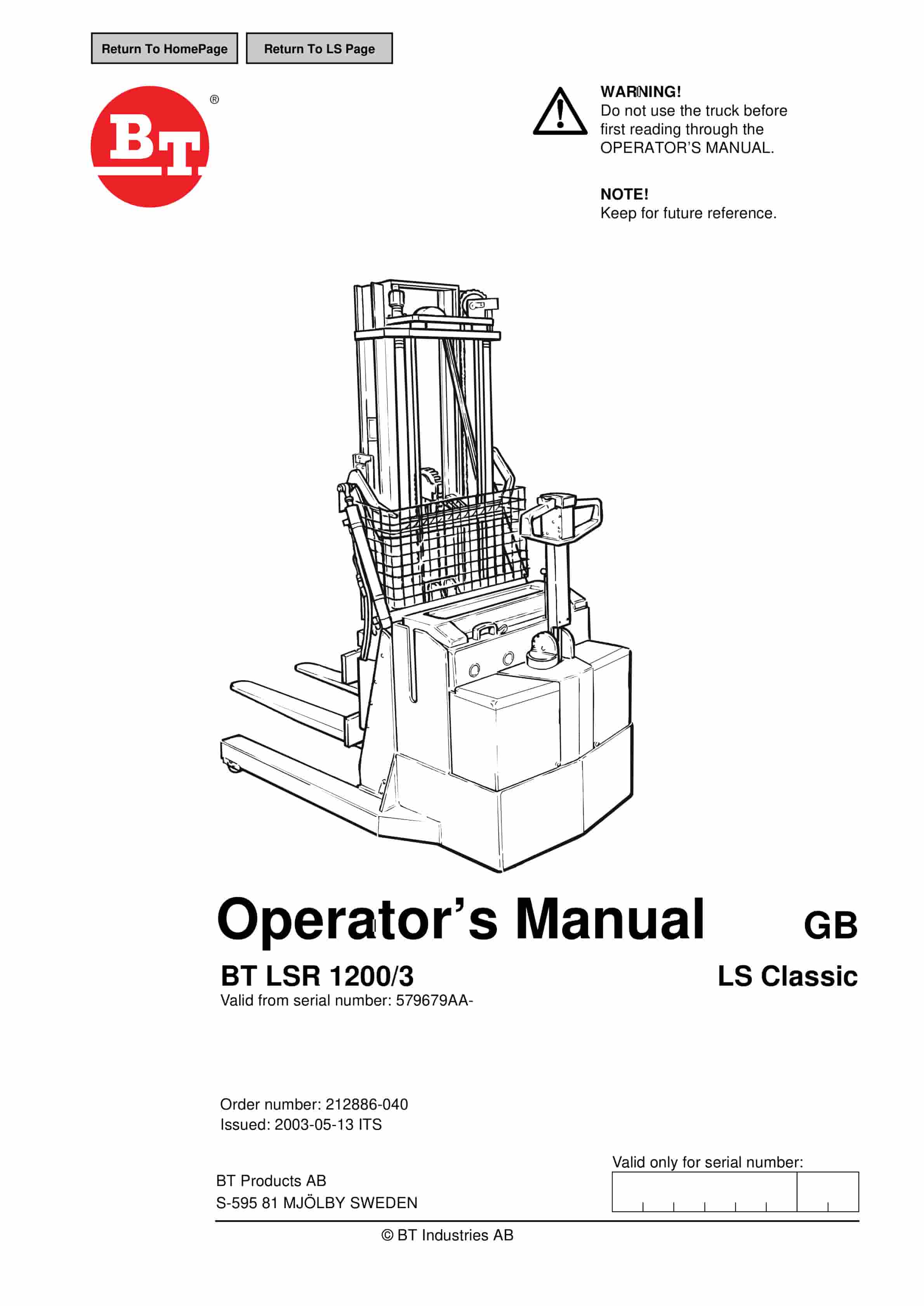 BT LSR 1200-3 Operator Manual 212886-040