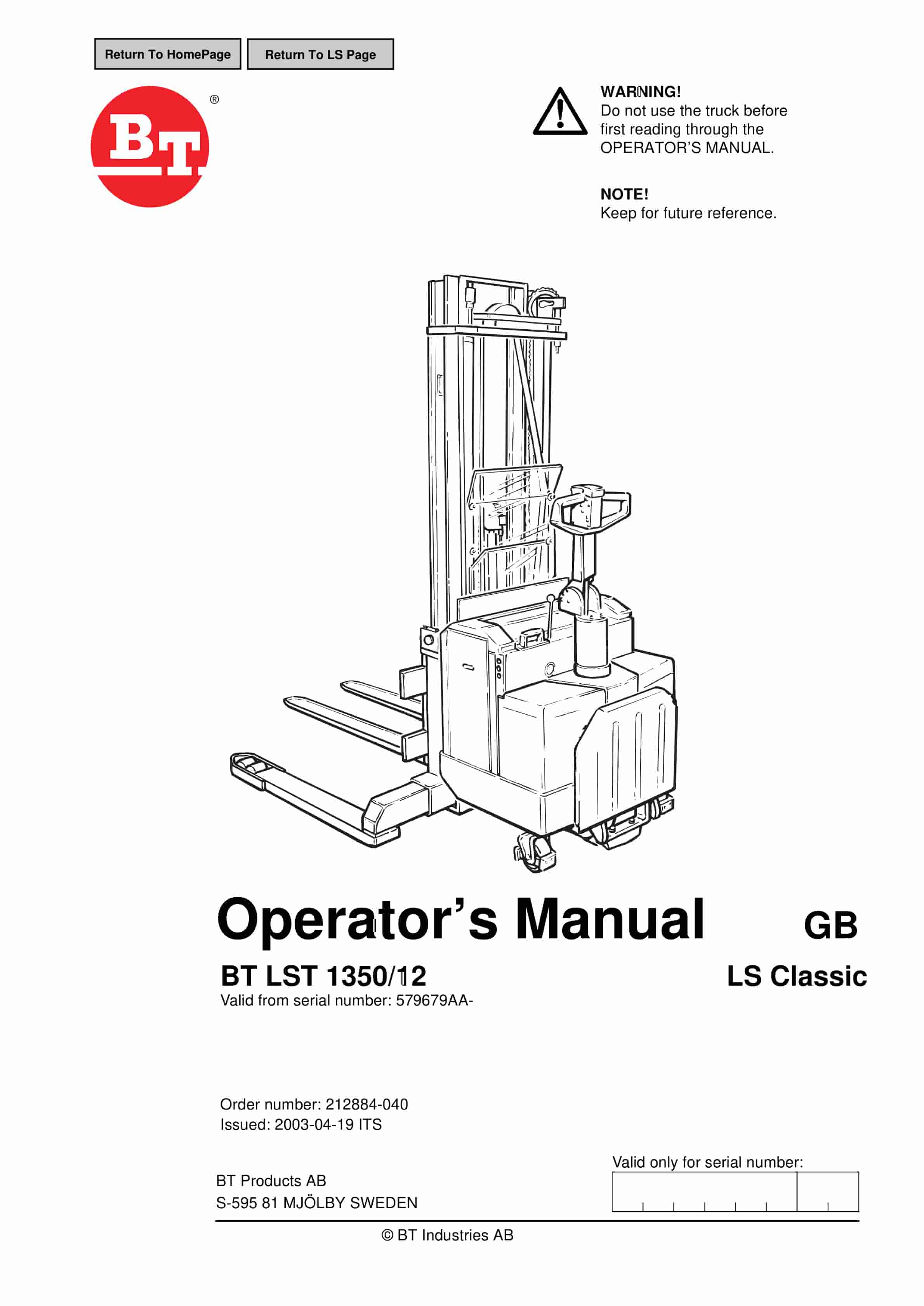 BT LST 1350-12 Operator Manual 212884-040