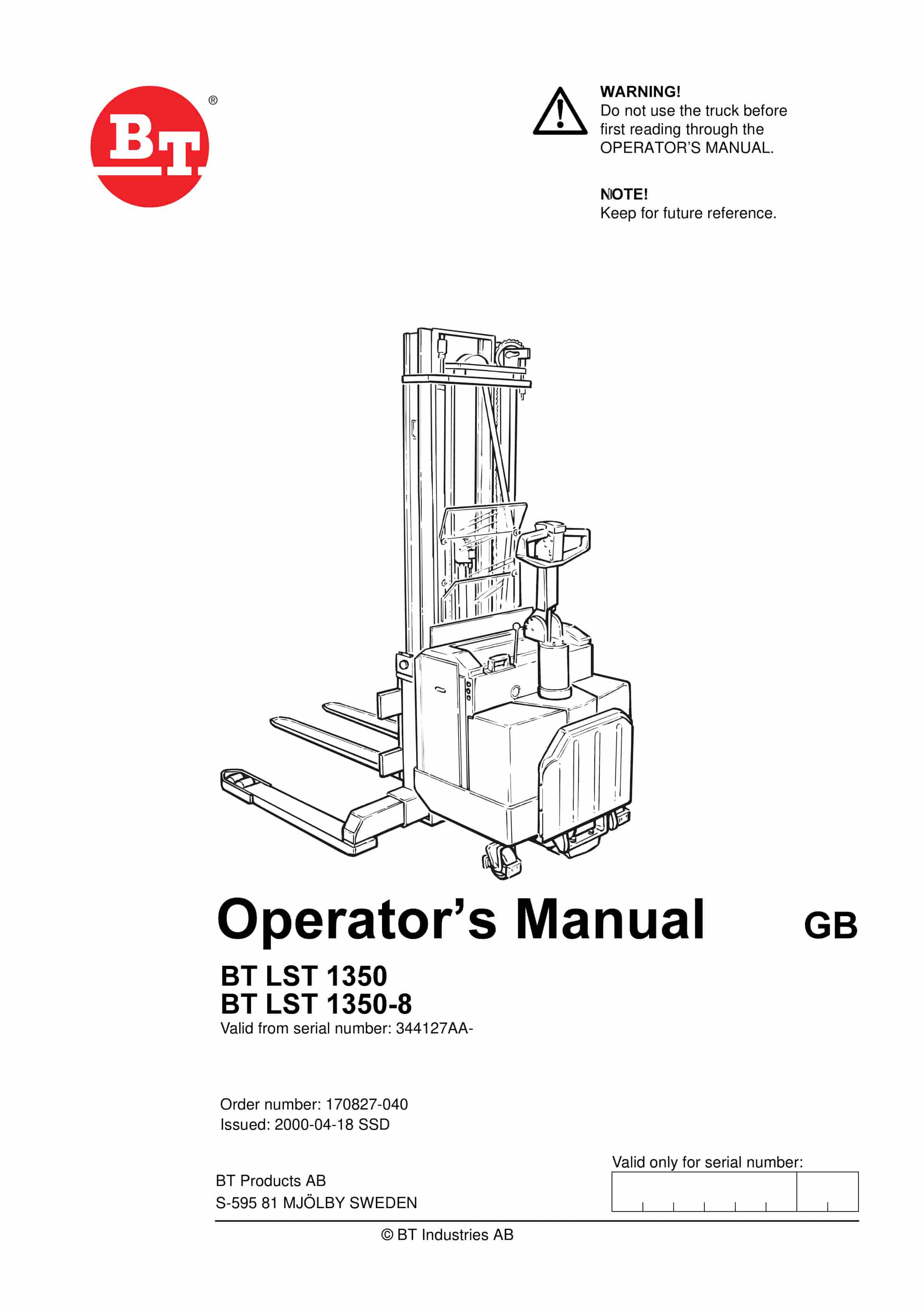 BT LST 1350, LST 1350-8 Operator Manual 170827-040