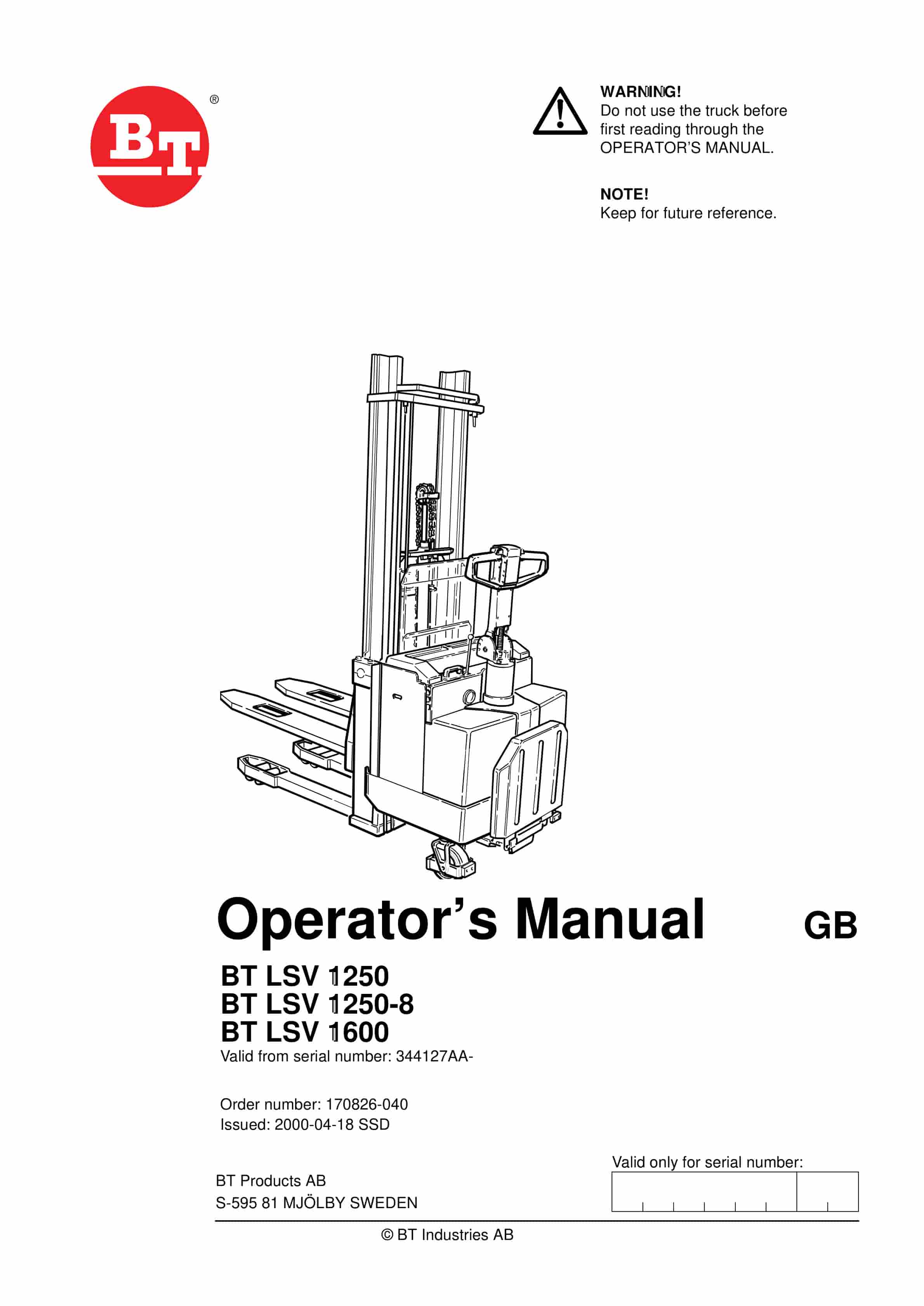 BT LSV 1250, LSV 1250-8, LSV 1600 Operator Manual 170826-040