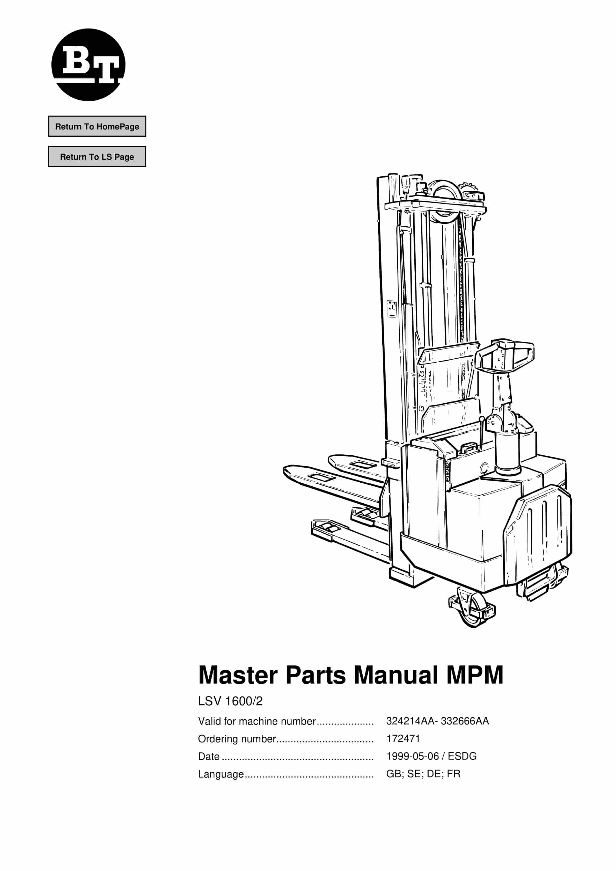 BT LSV 1600-2 Parts Manual 172471