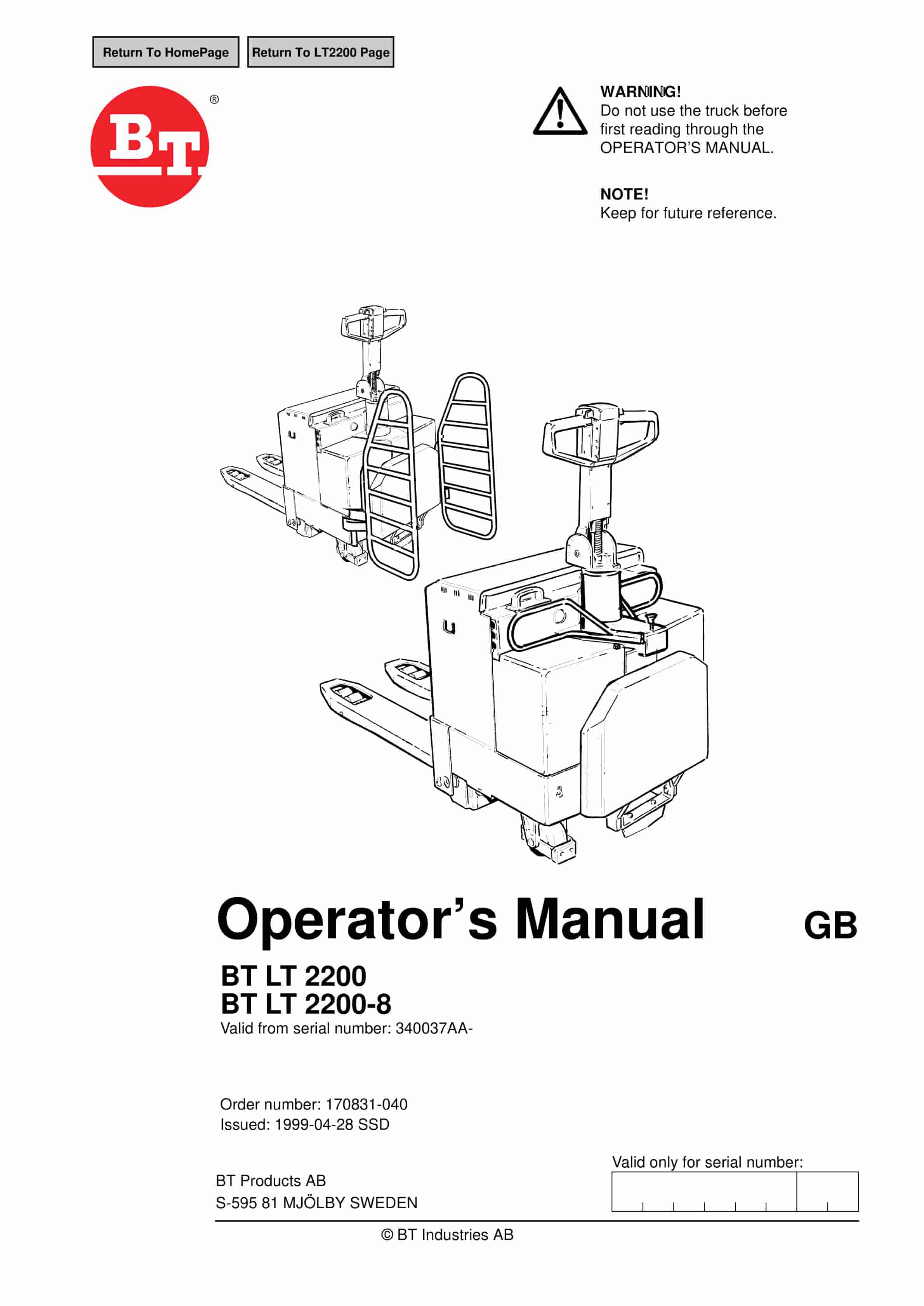 BT LT2200, LT2200-8 Operator Manual 170831-040