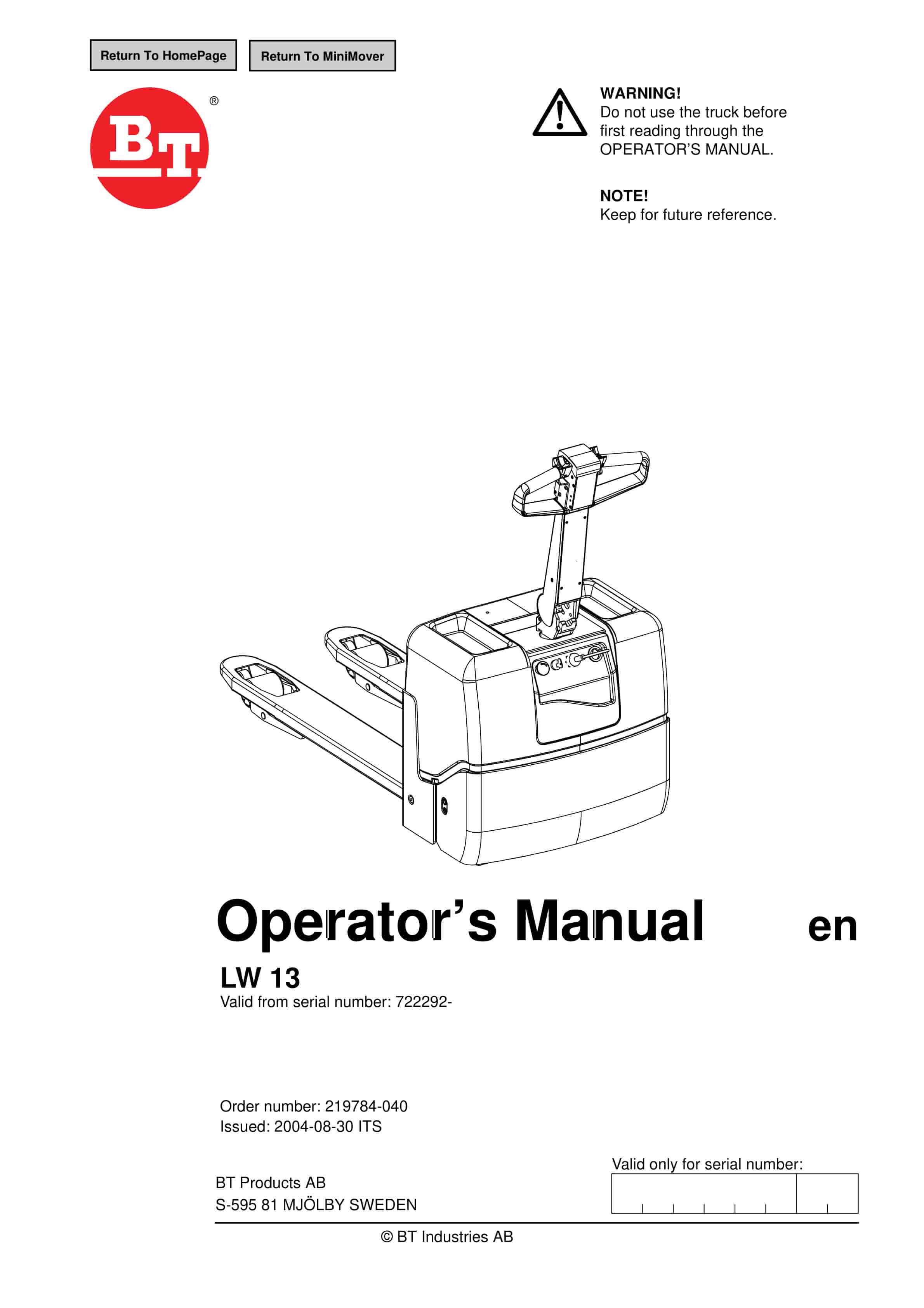 BT LW 13 Operator Manual 219784-040