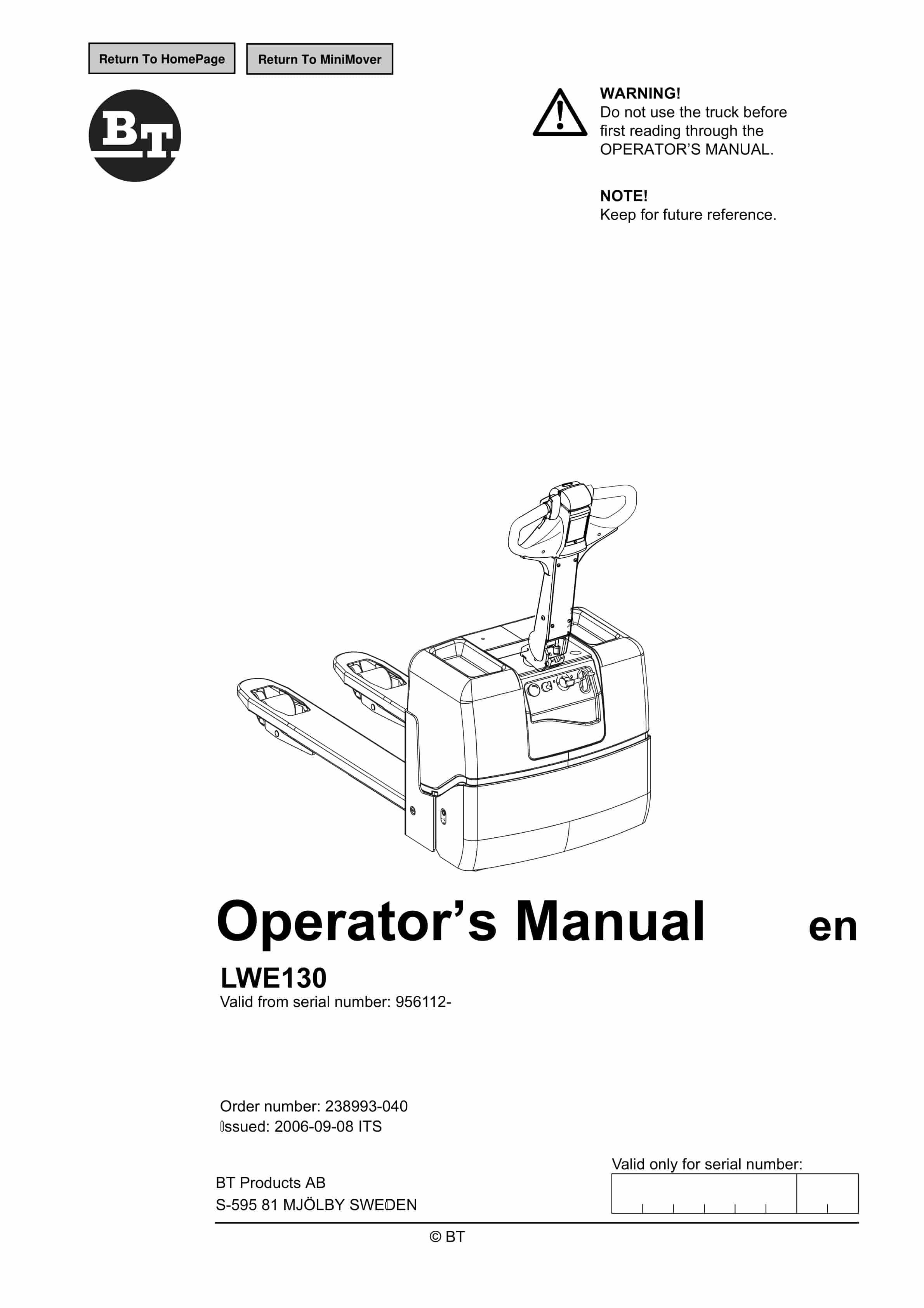 BT LWE130 Operator Manual 238993-040