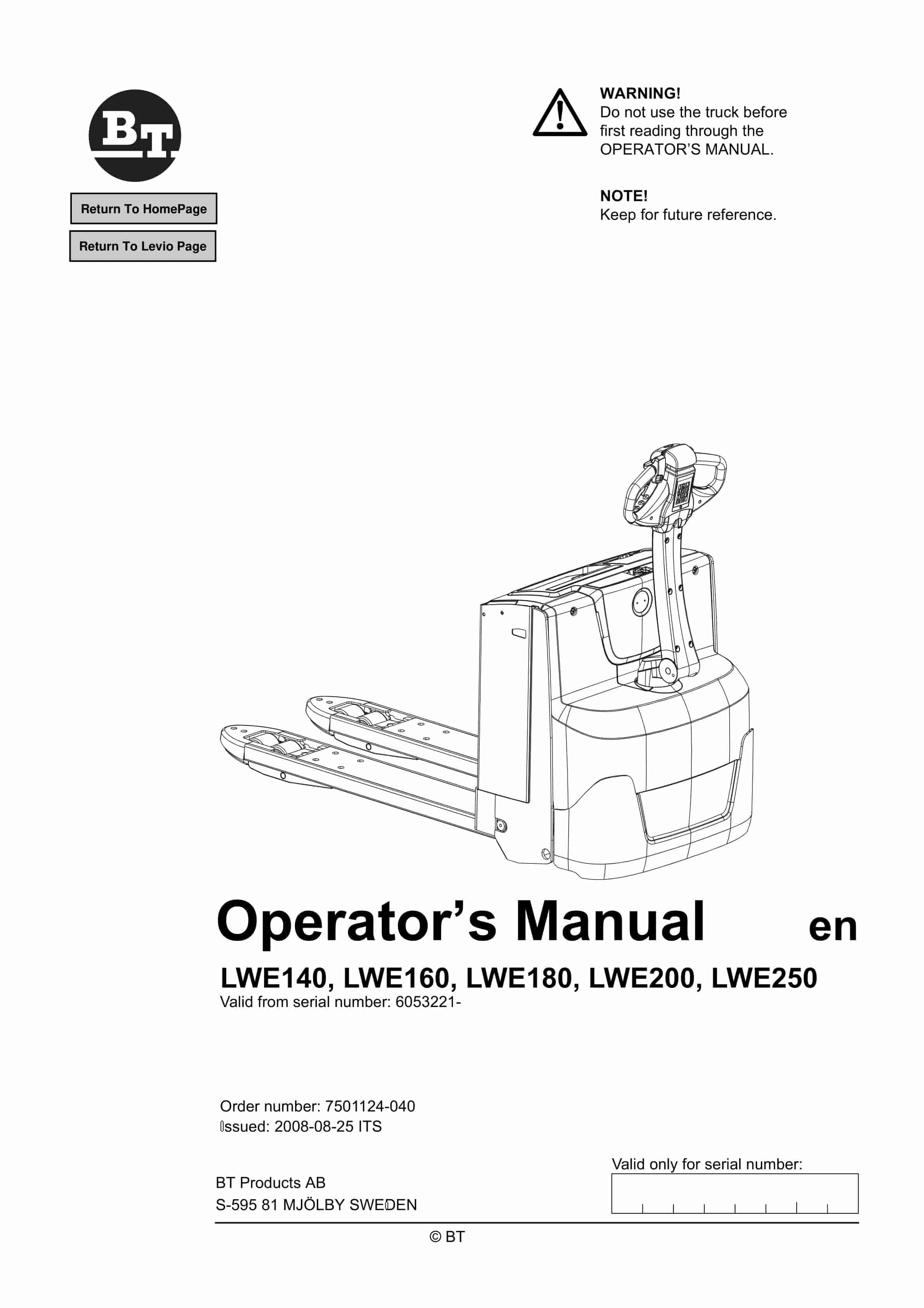 BT LWE140, LWE160, LWE180, LWE200, LWE250 Operator Manual 7501124-040