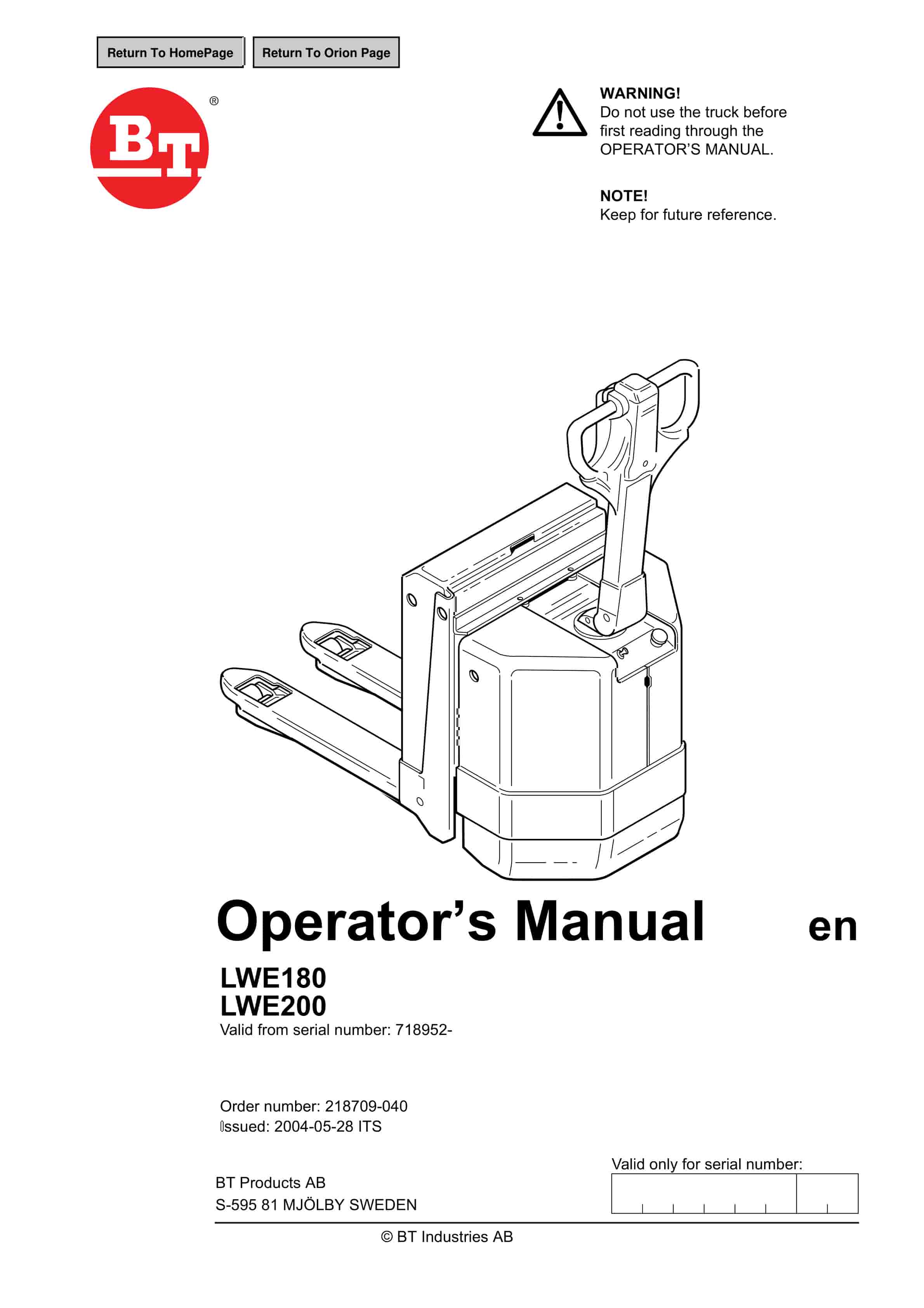 BT LWE180, LWE200 Operator Manual 218709-040