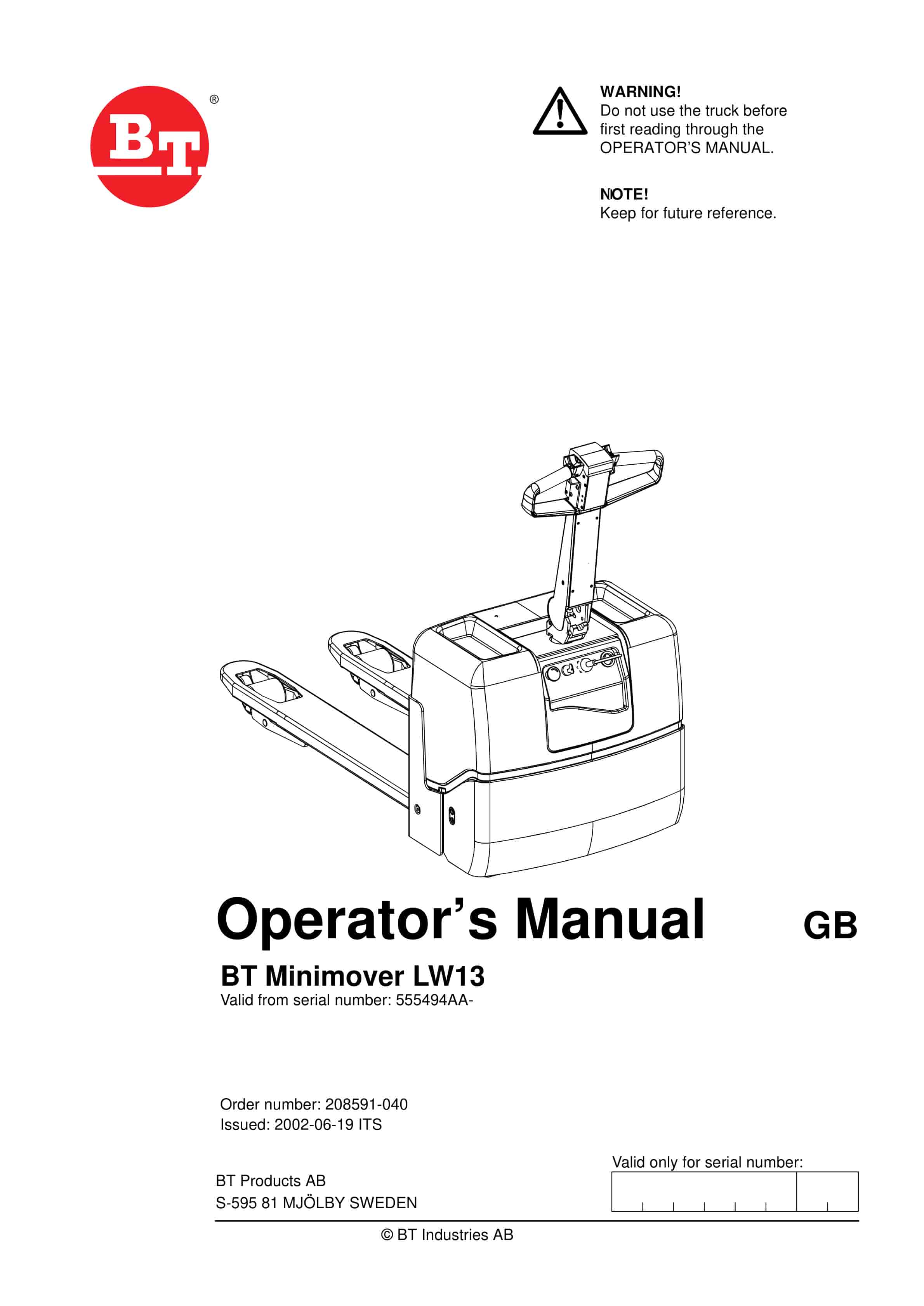 BT Minimover LW13 Operator Manual 208591-040