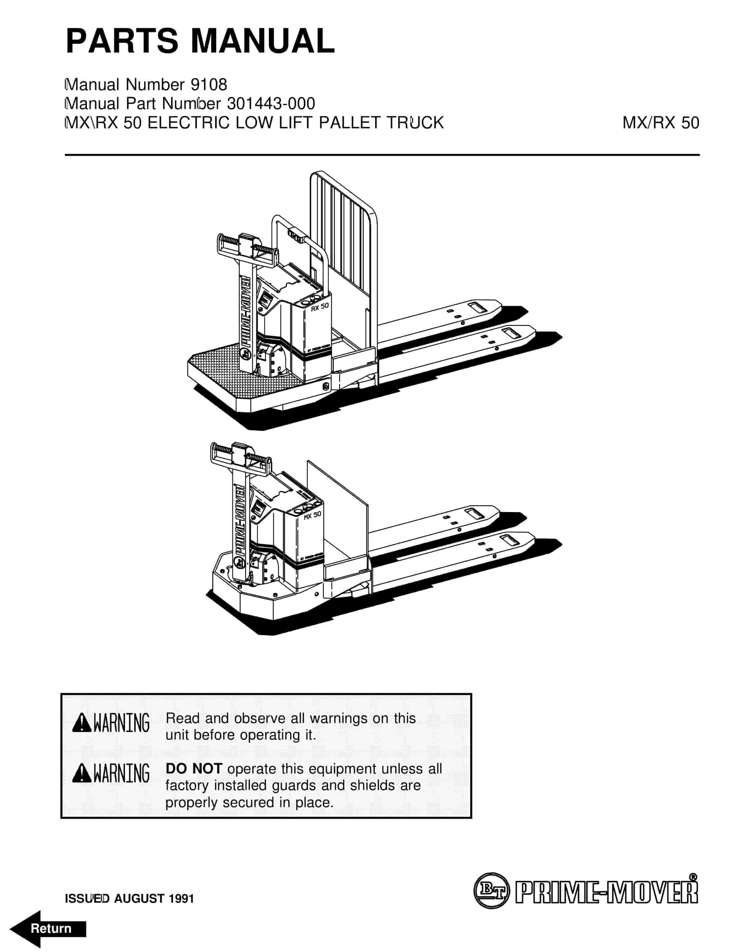 BT MX-50, RX-50 Electric Low Lift Pallet Truck Parts Manual 301443-000