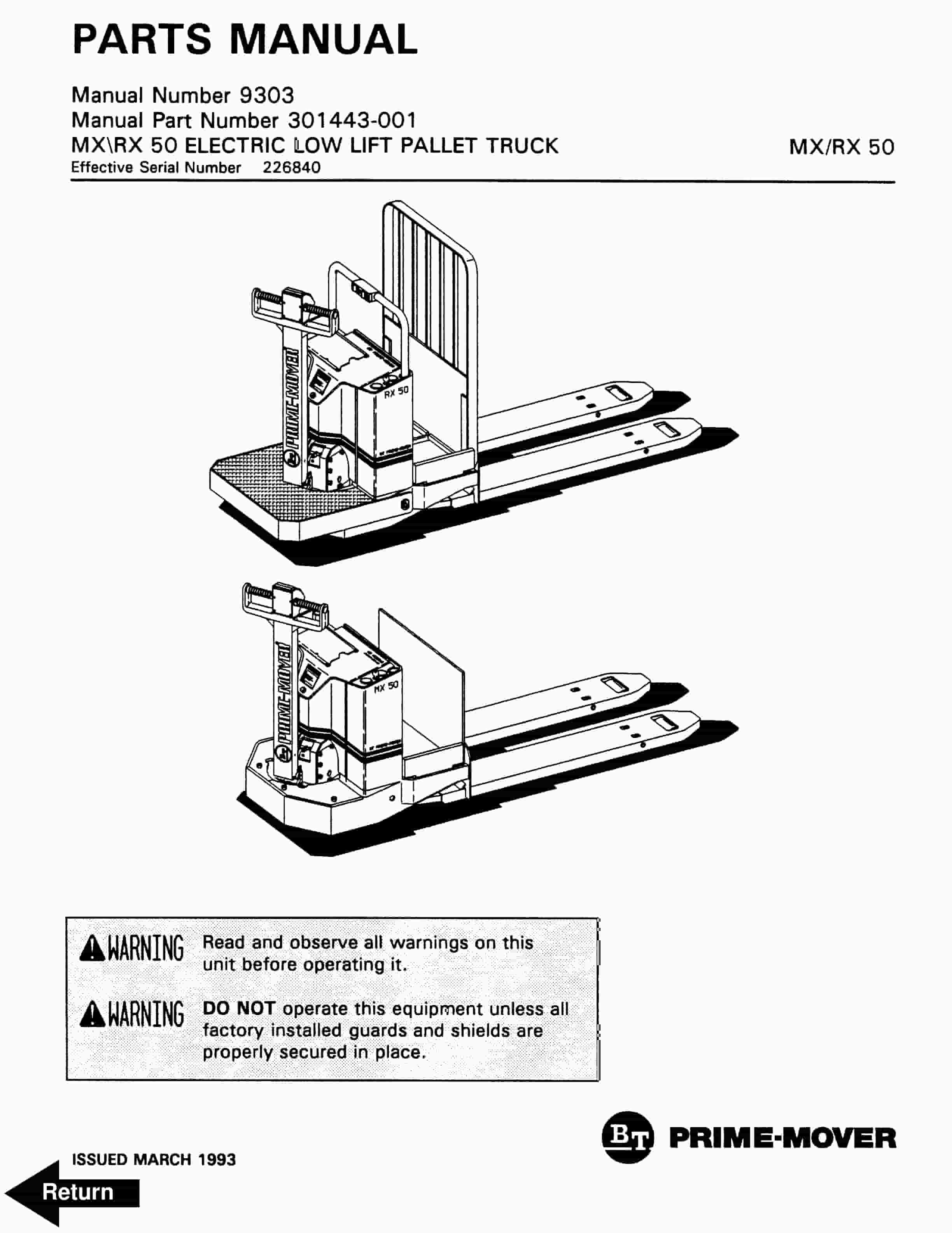 BT MX-50, RX-50 Electric Low Lift Pallet Truck Parts Manual 301443-001