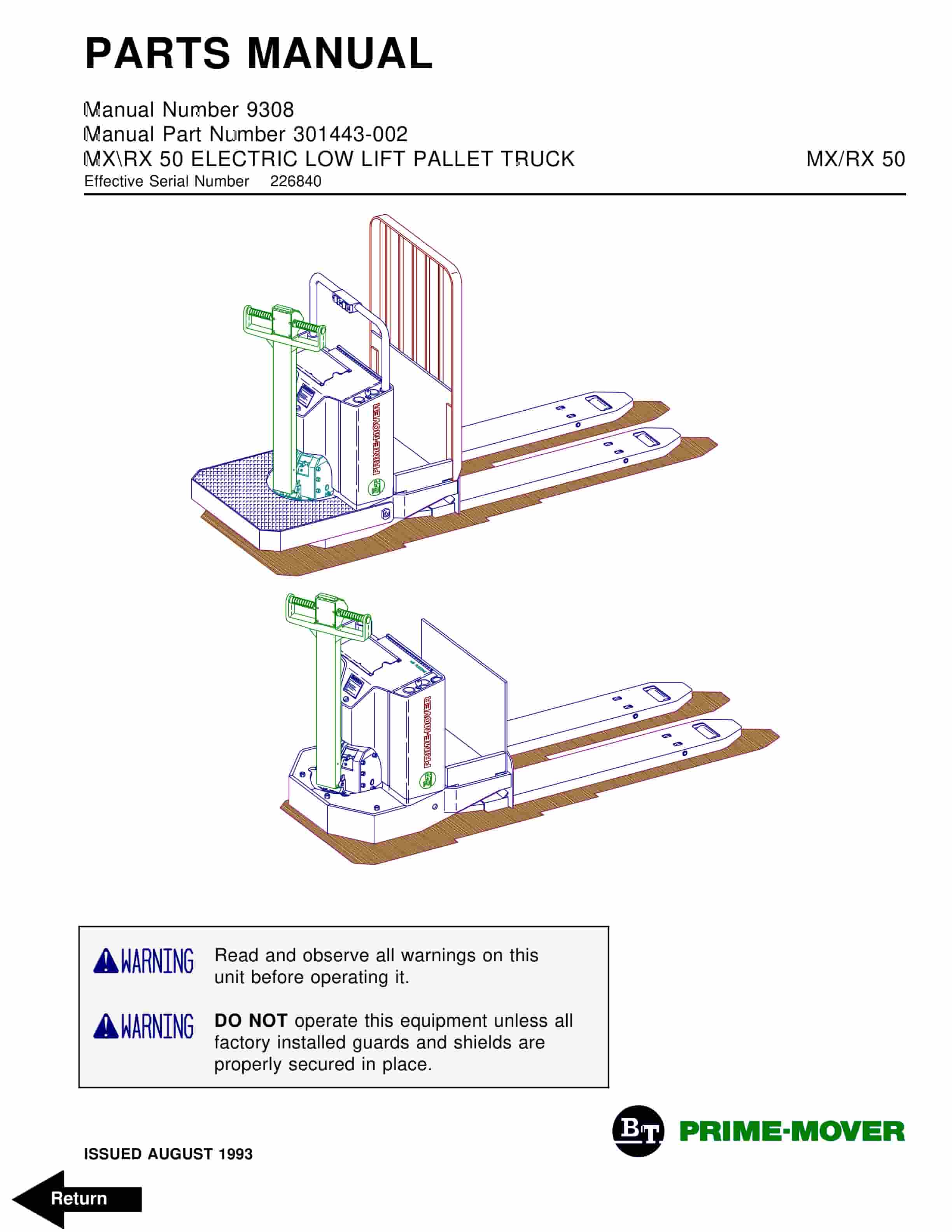 BT MX-50, RX-50 Electric Low Lift Pallet Truck Parts Manual 301443-002