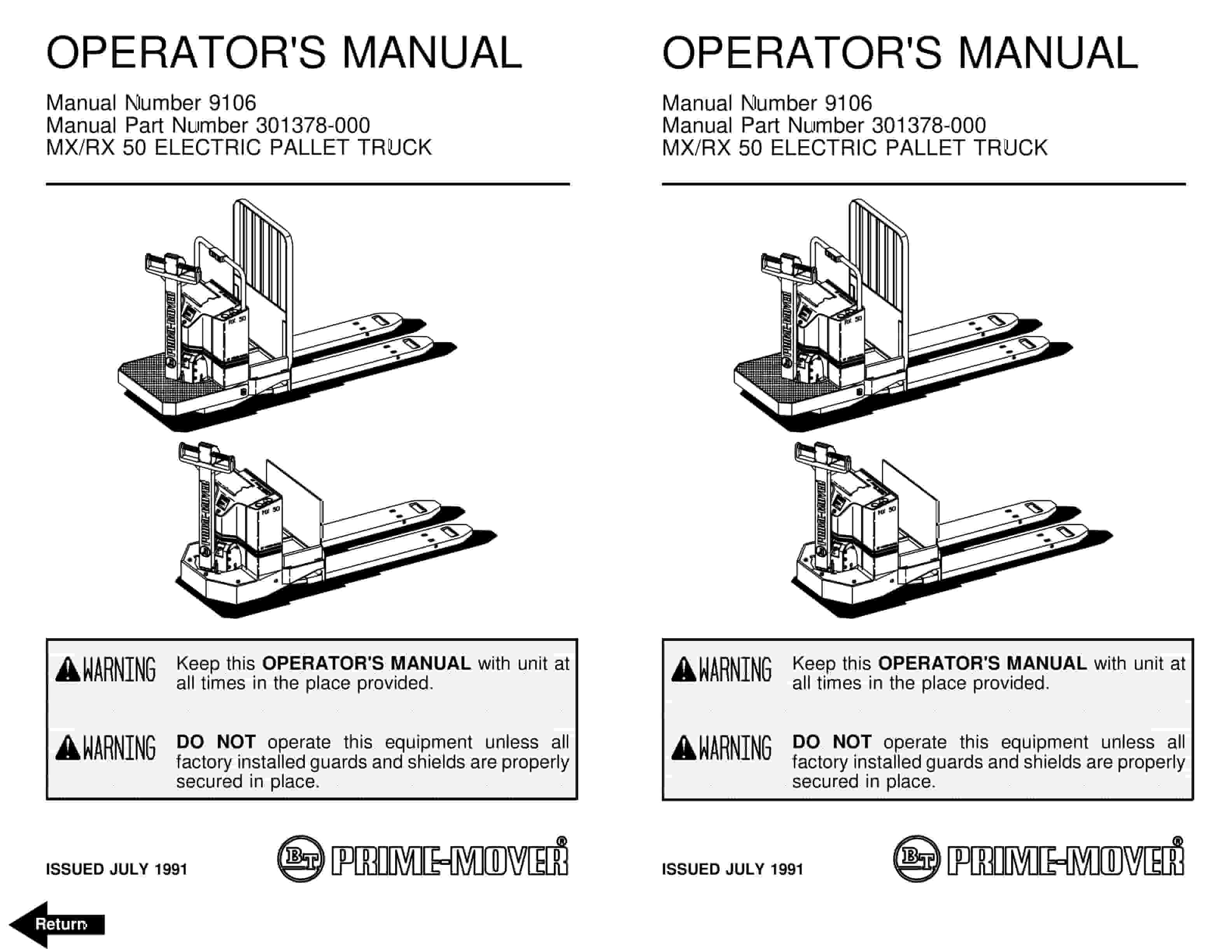 BT MX-50, RX-50 Electric Reach Truck Operator Manual 301378-000