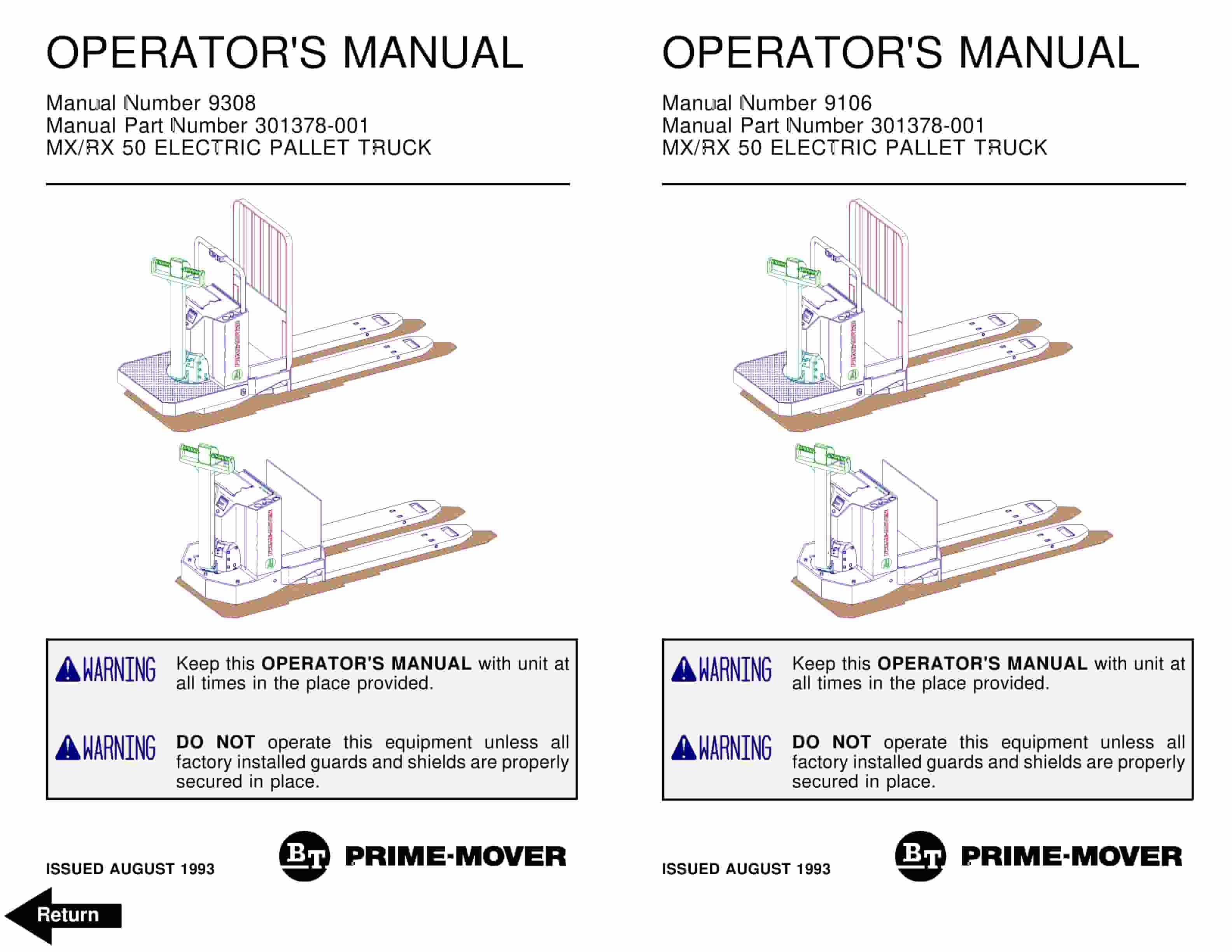 BT MX-50, RX-50 Electric Reach Truck Operator Manual 301378-001
