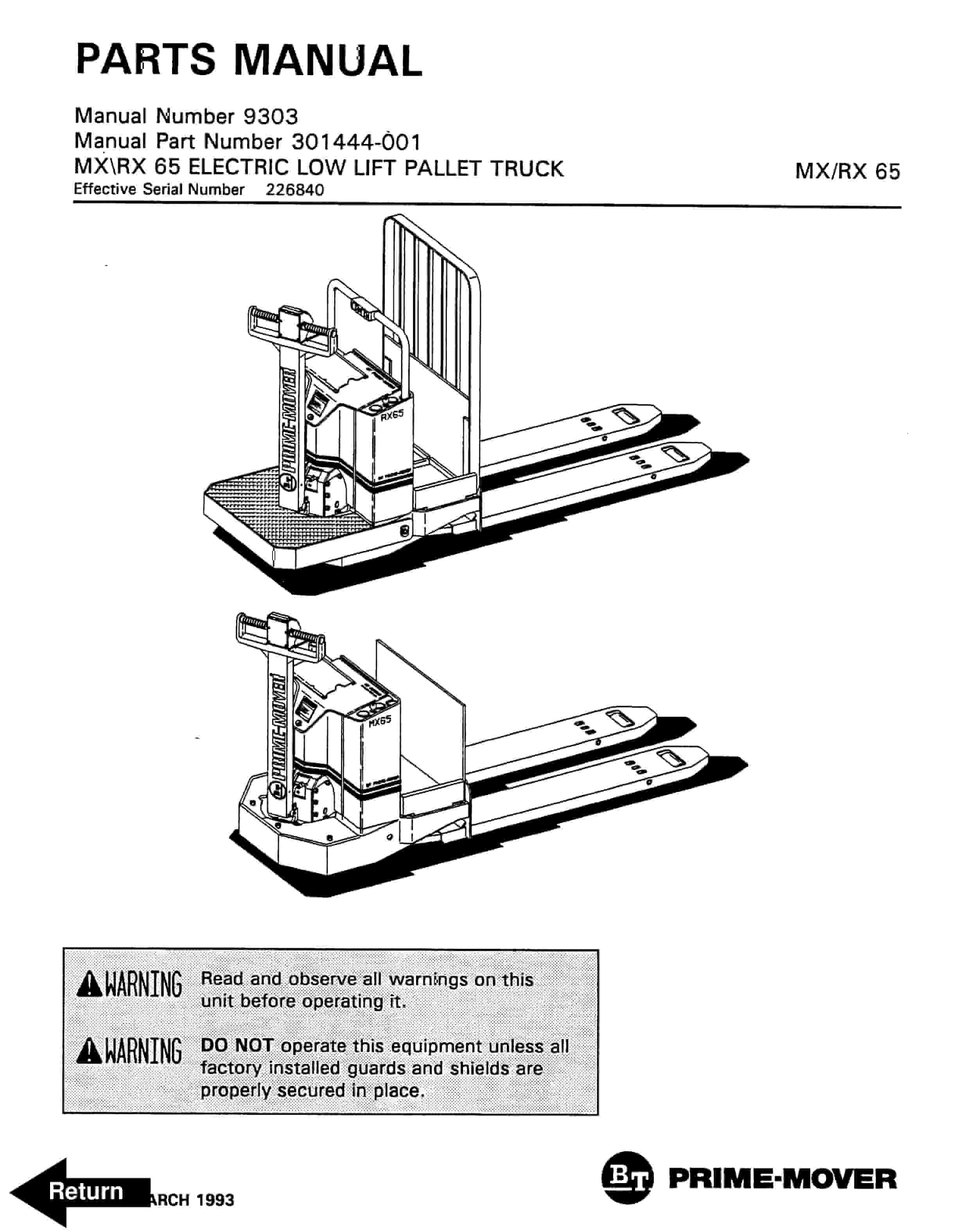 BT MX-65, RX-65 Electric Low Lift Pallet Truck Parts Manual 301444-001