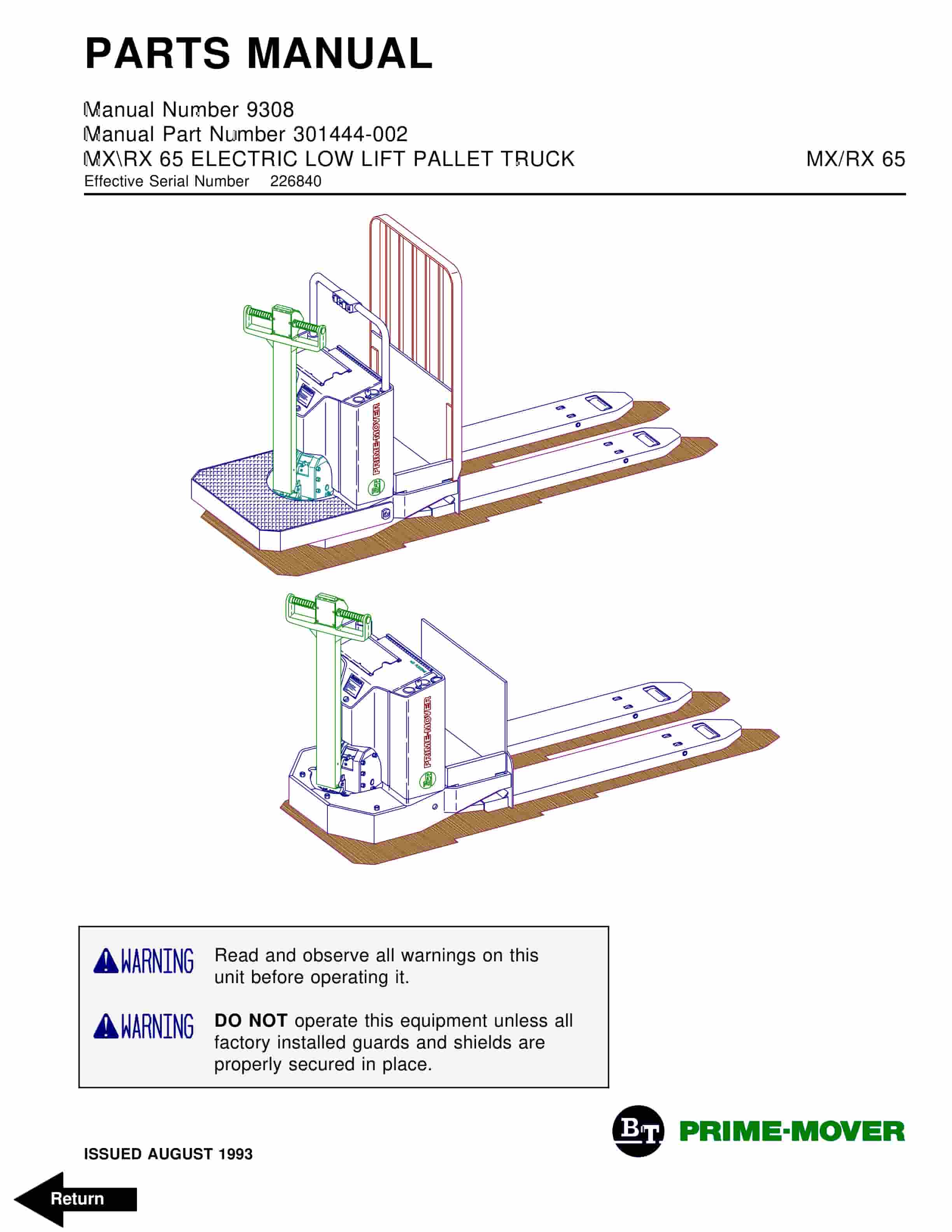 BT MX-65, RX-65 Electric Low Lift Pallet Truck Parts Manual 301444-002