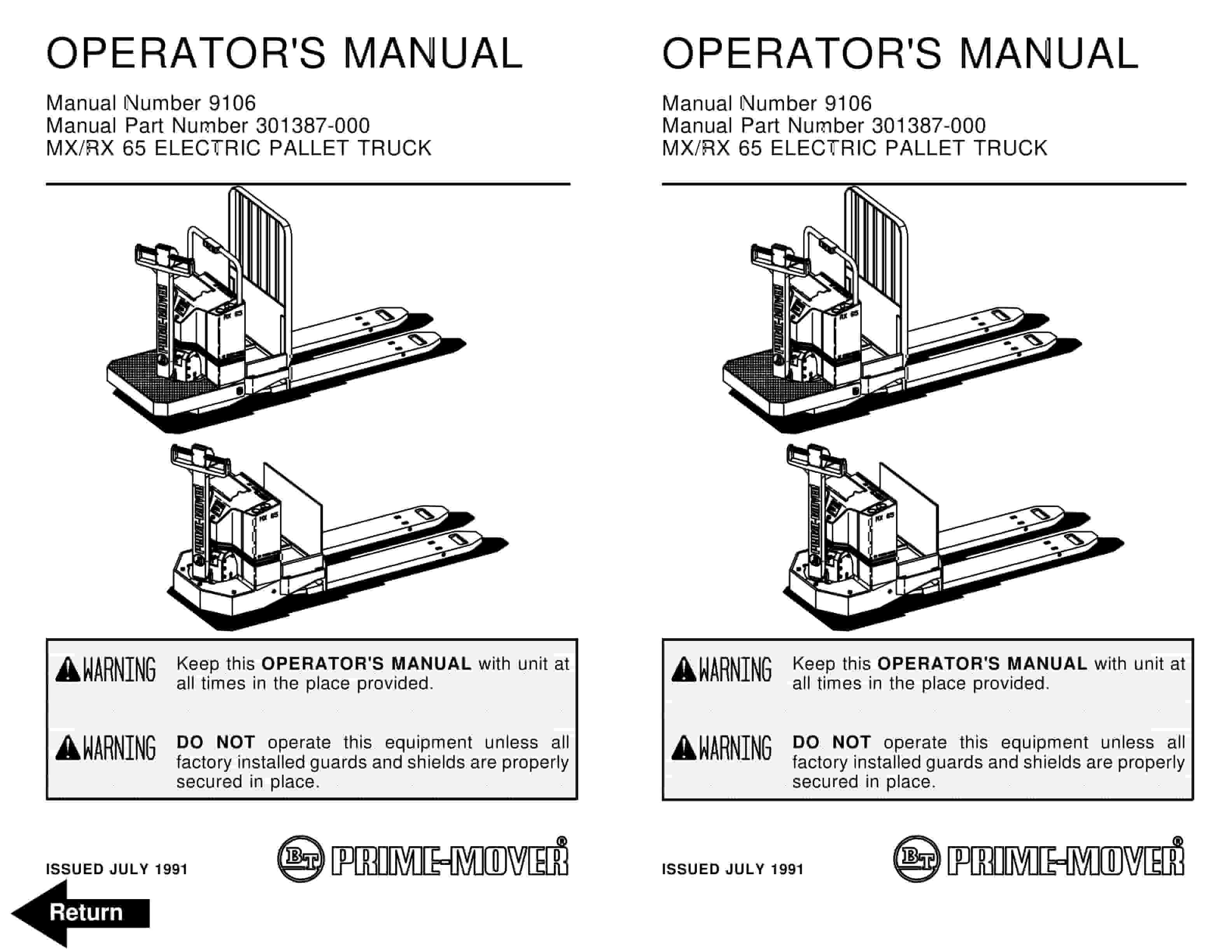 BT MX-65, RX-65 Electric Pallet Truck Operator Manual 301387-000