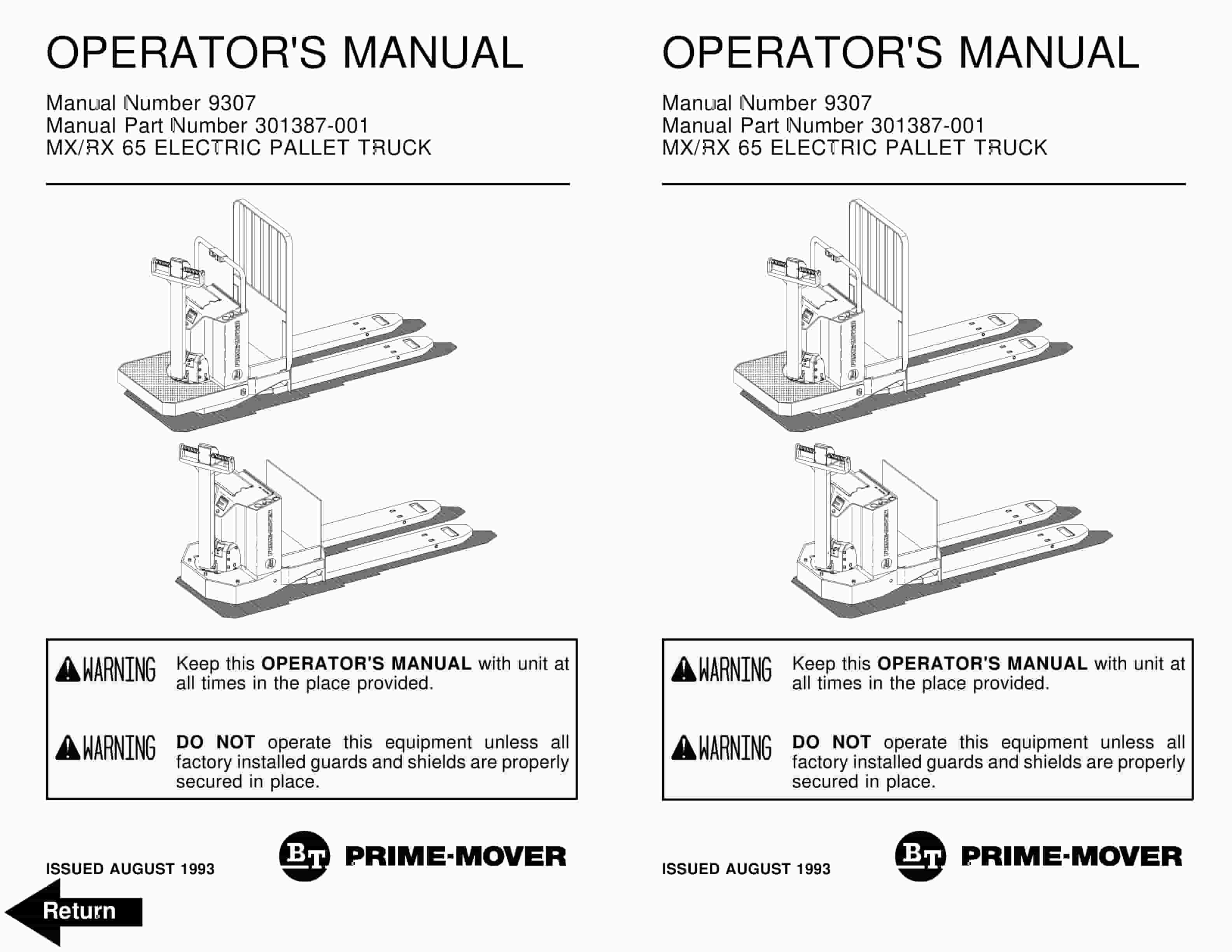 BT MX-65, RX-65 Electric Pallet Truck Operator Manual 301387-001