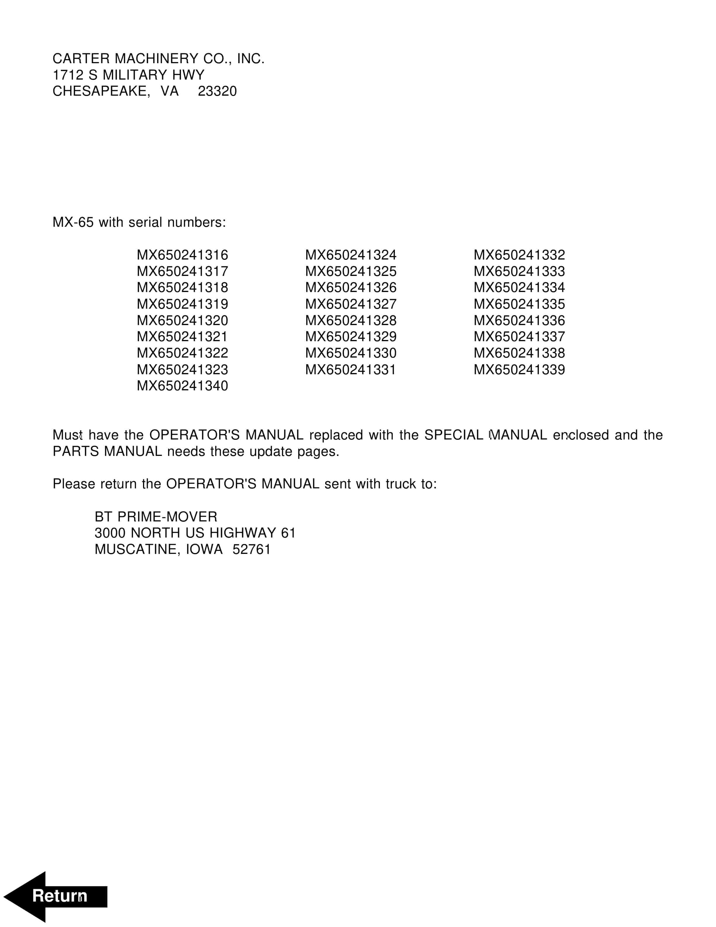 BT MX 65, RX 65 Electric Pallet Truck Operator Manual Special