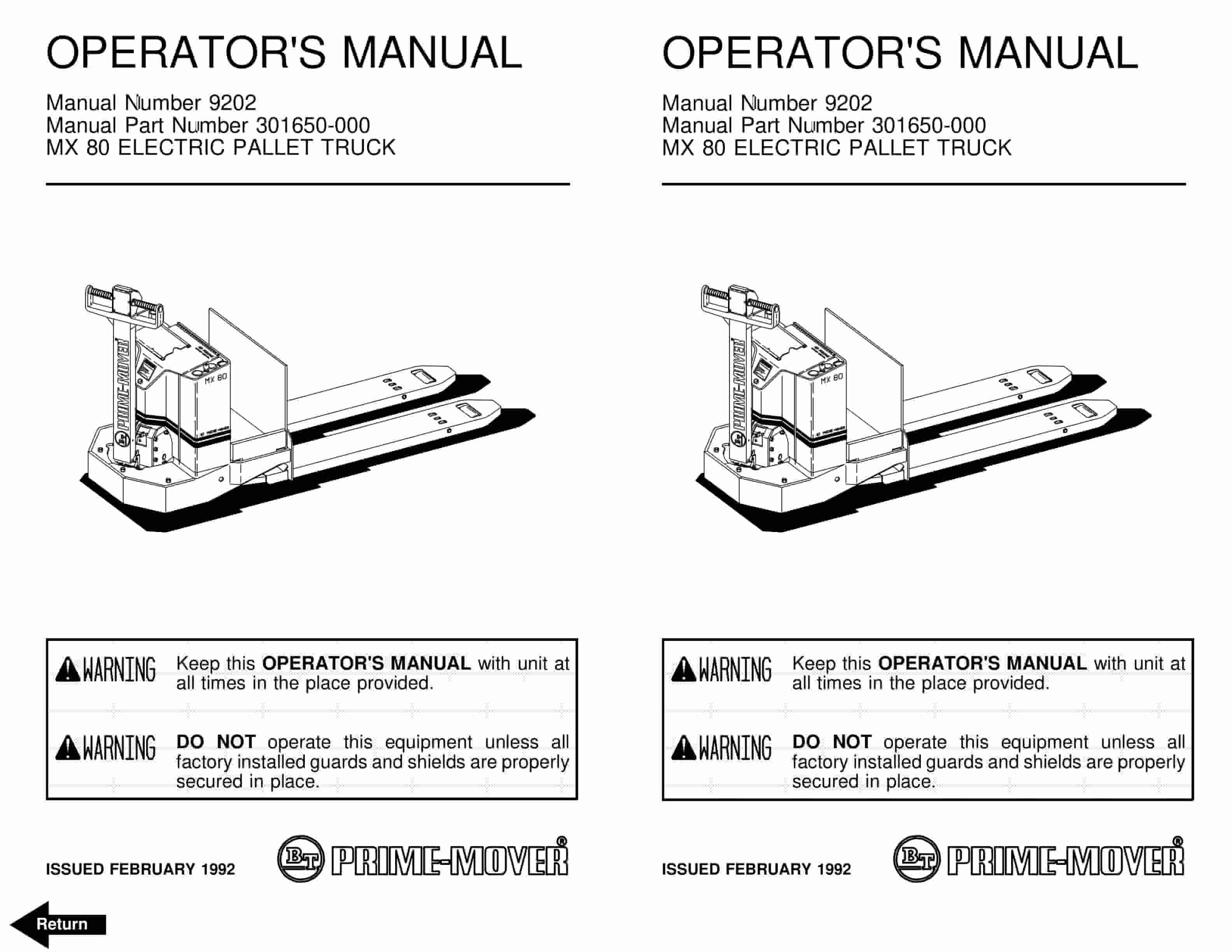 BT MX-80 Electric Low Lift Pallet Truck Operator Manual 9202 301650-000