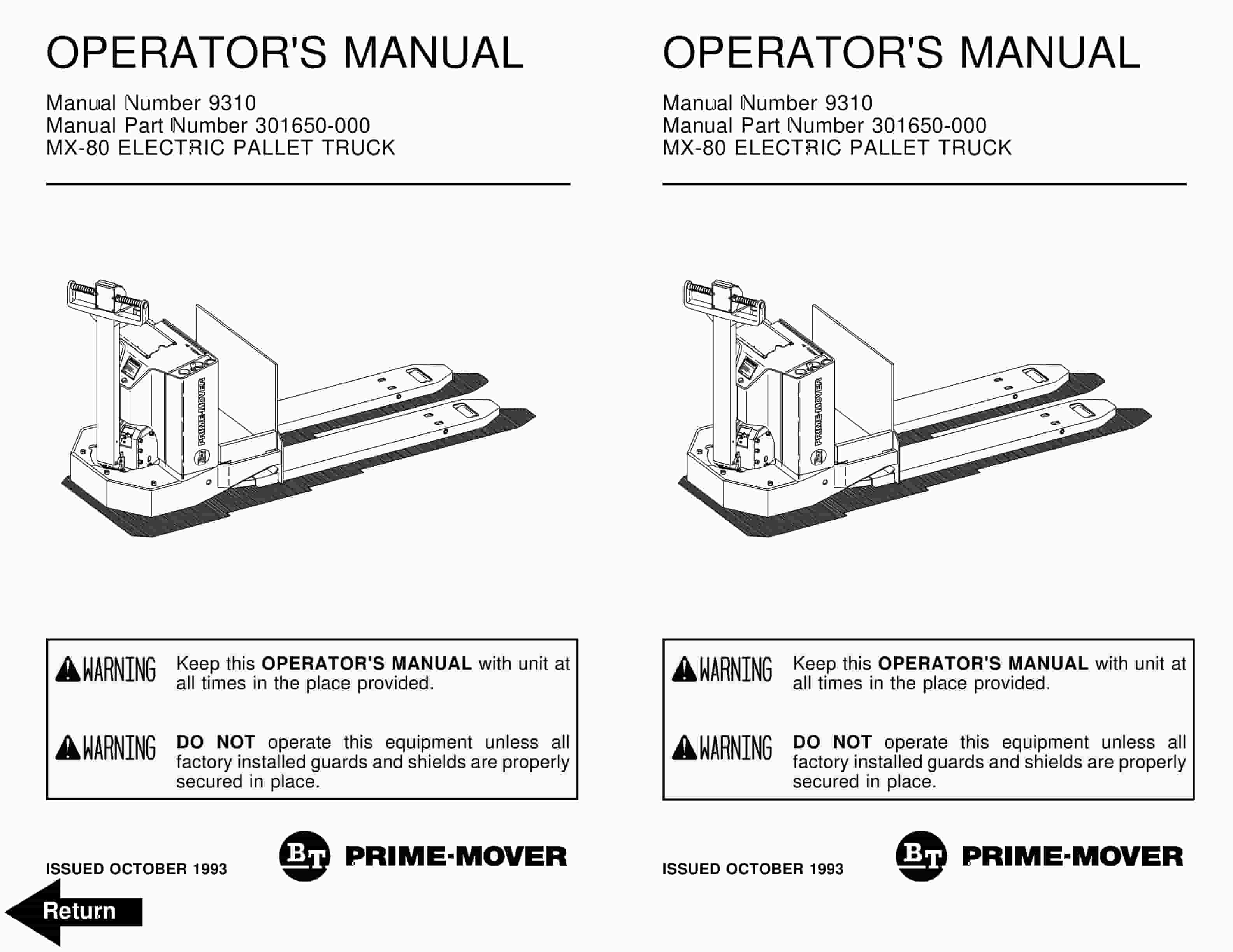 BT MX-80 Electric Low Lift Pallet Truck Operator Manual 9310 301650-000
