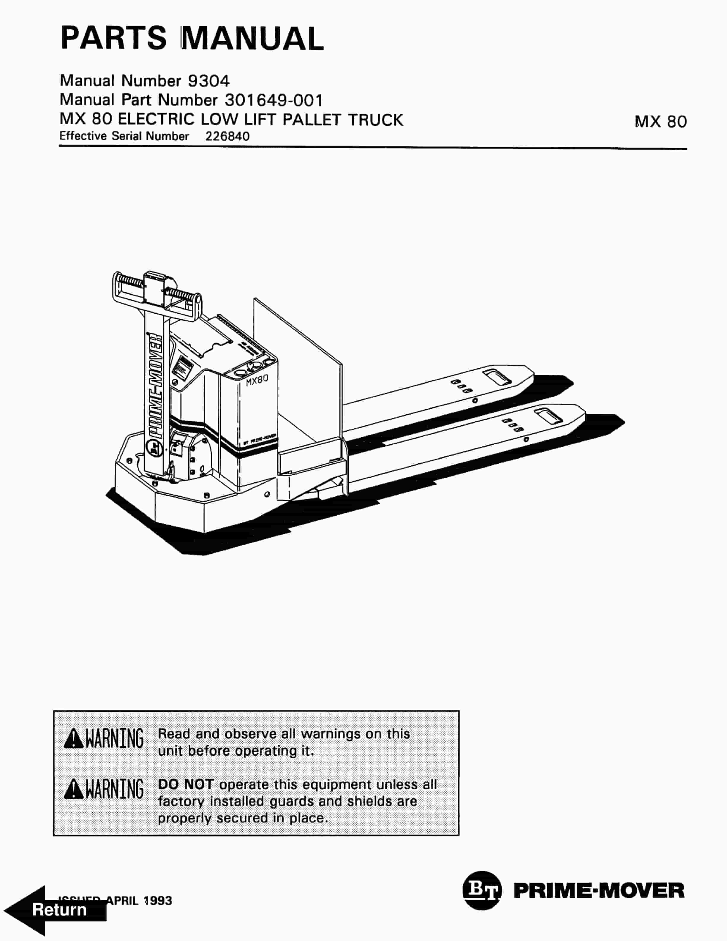 BT MX-80 Electric Low Lift Pallet Truck Parts Manual 301649-001