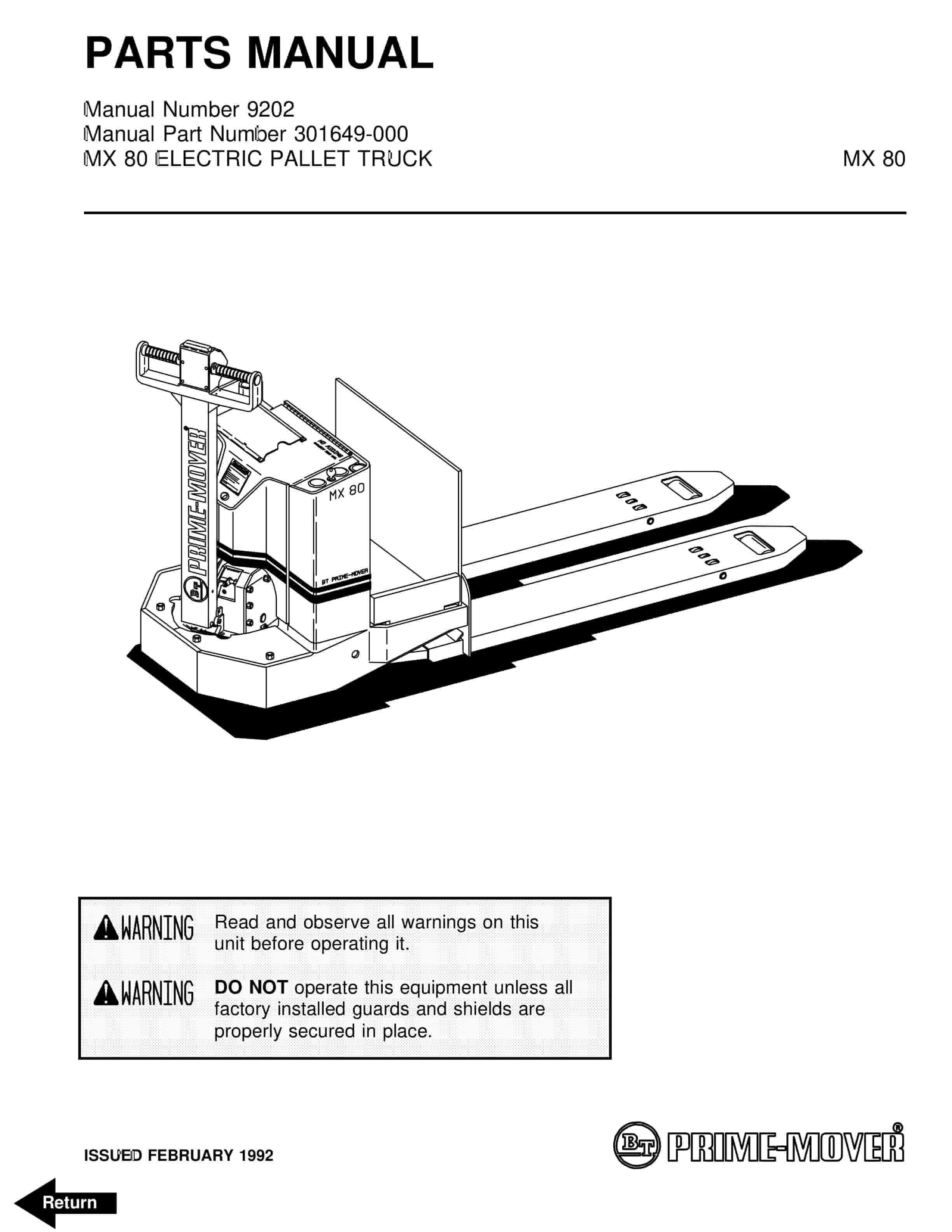 BT MX-80 Electric Pallet Truck Parts Manual 301649-000