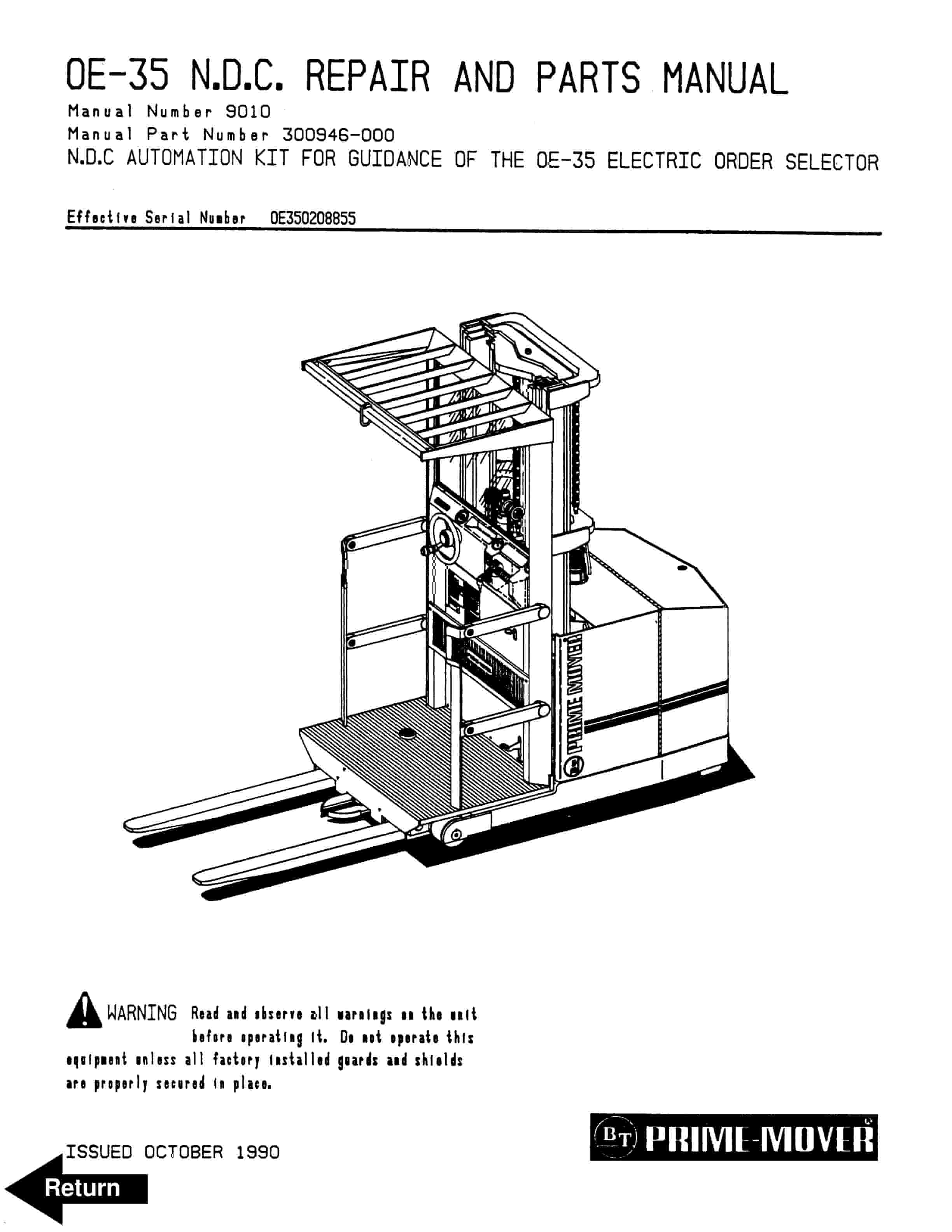 BT NDC Automation Kit For Guidance Of The OE-35 Electric Order Selector Repair And Parts Manual 300946-000