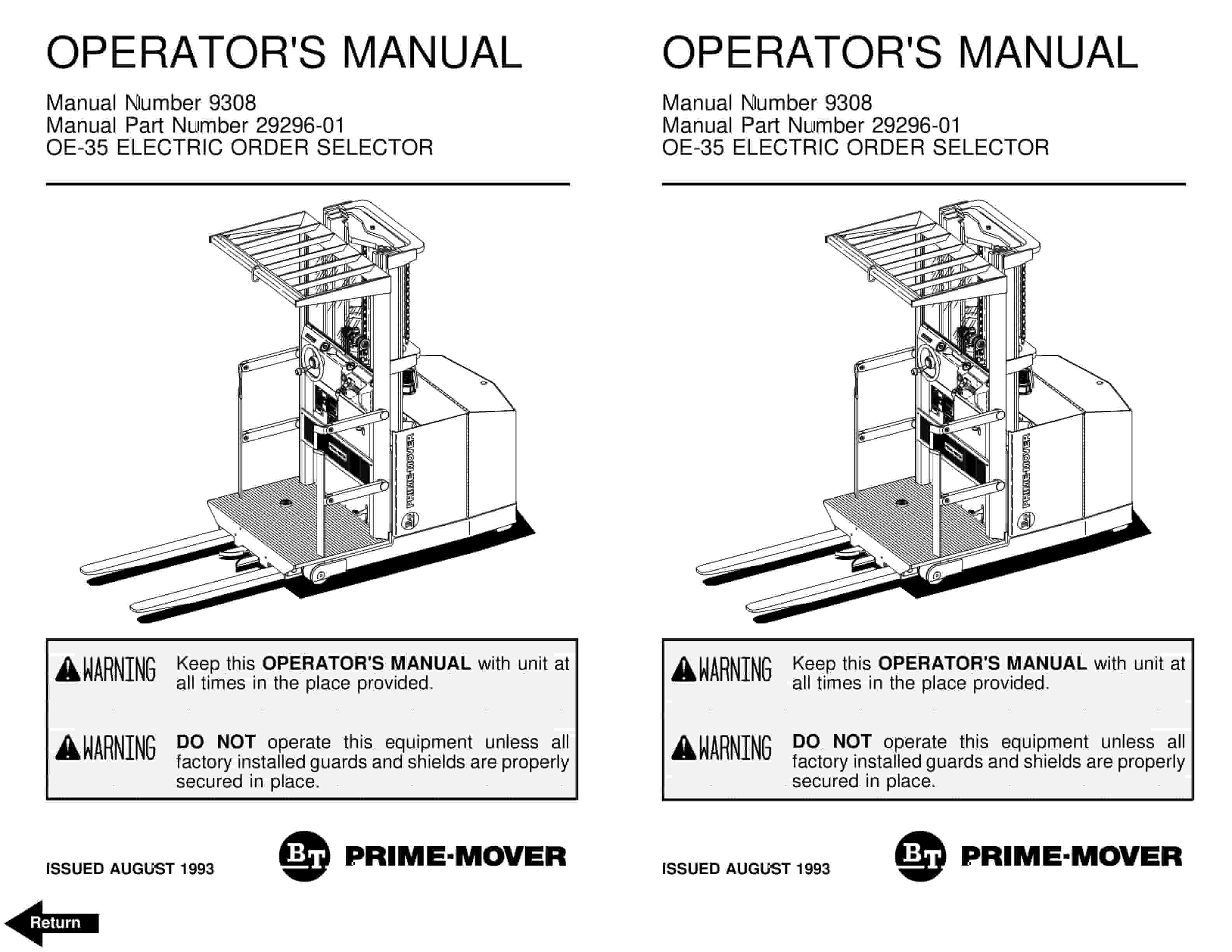 BT OE-35 Electric Order Selector Operator Manual 29296-01