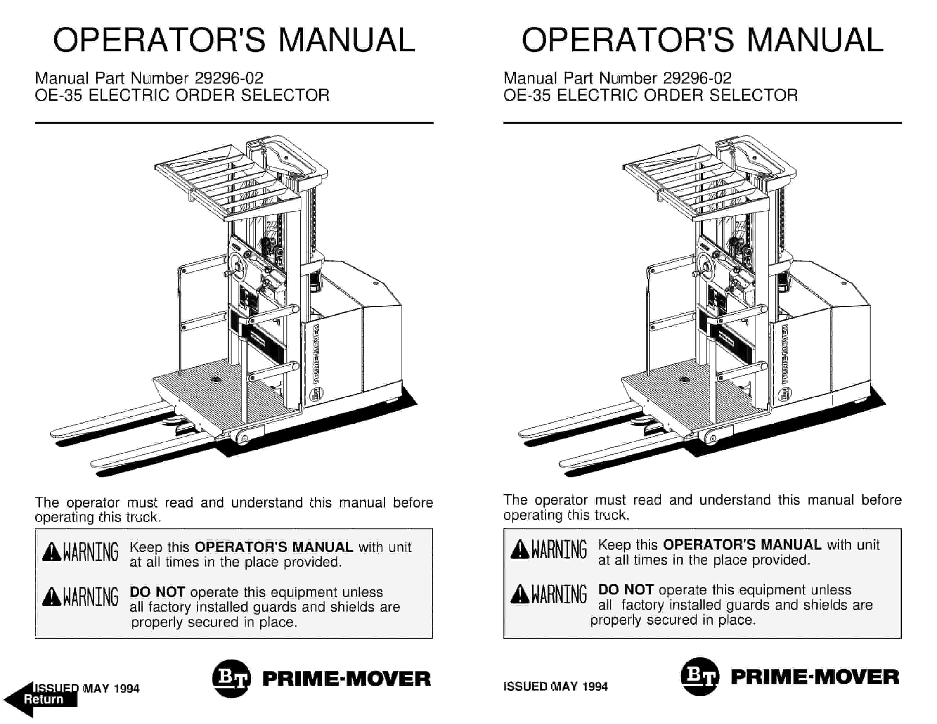 BT OE-35 Electric Order Selector Operator Manual 29296-02