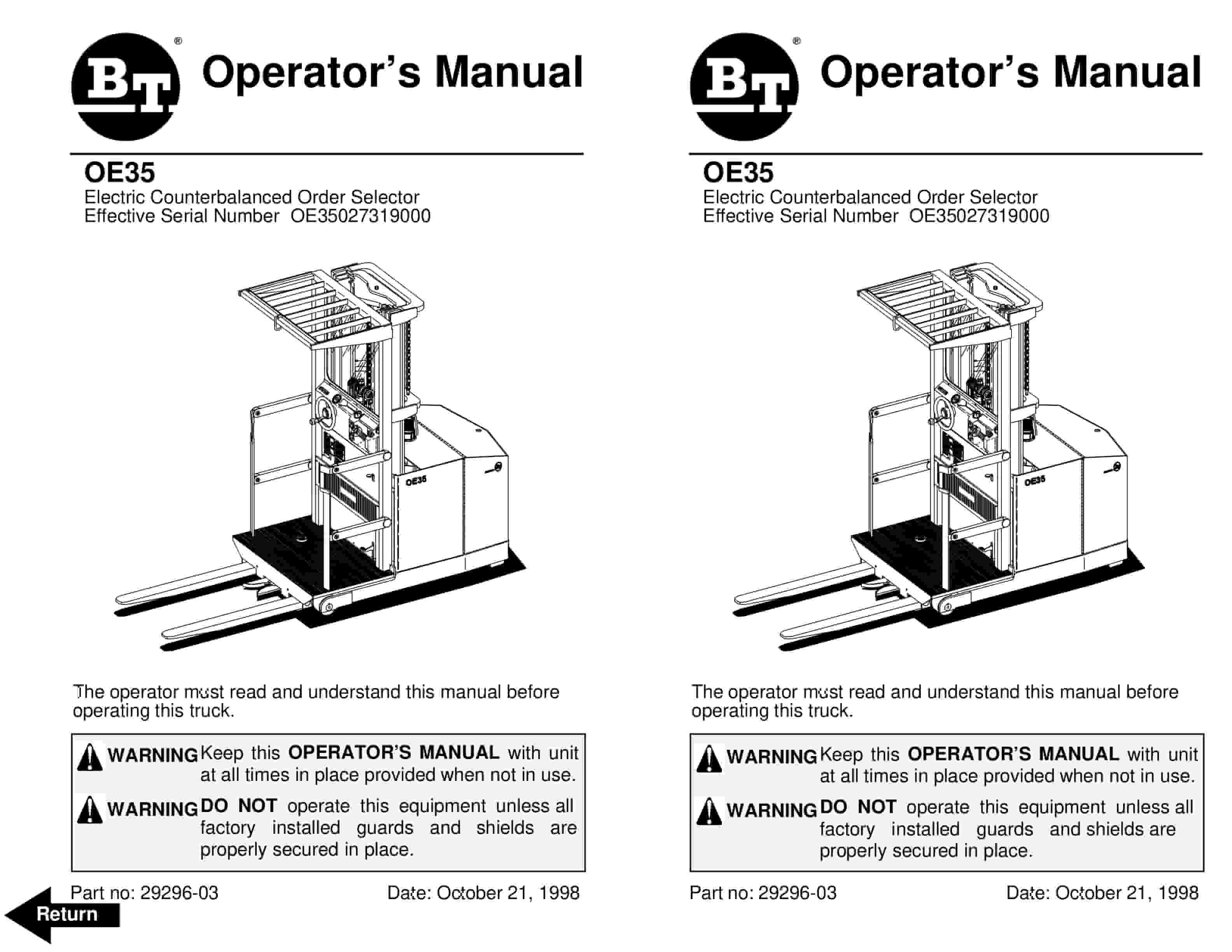 BT OE-35 Electric Order Selector Operator Manual 29296-03