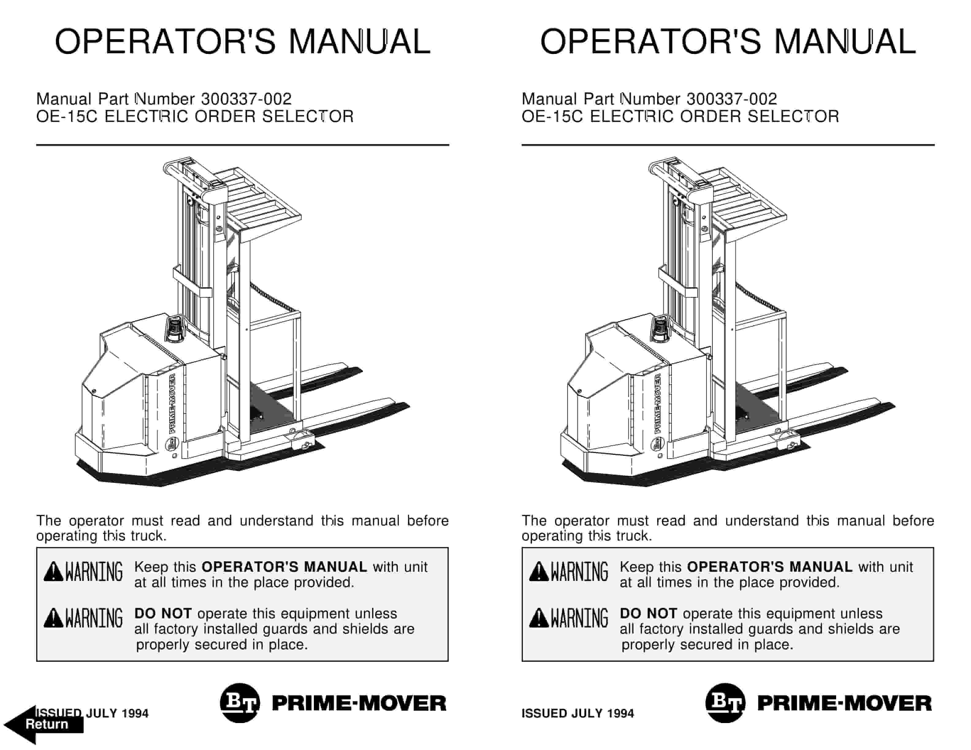 BT OE-35 Electric Order Selector Operator Manual 300337-002