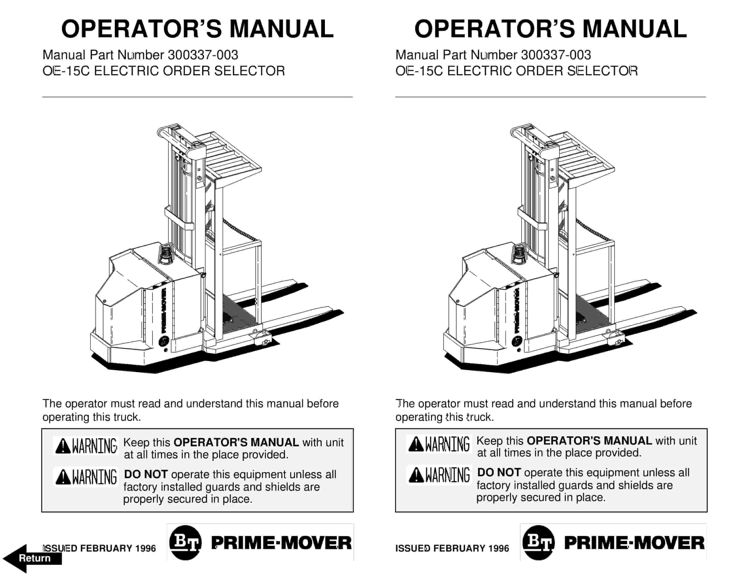 BT OE-35 Electric Order Selector Operator Manual 300337-003
