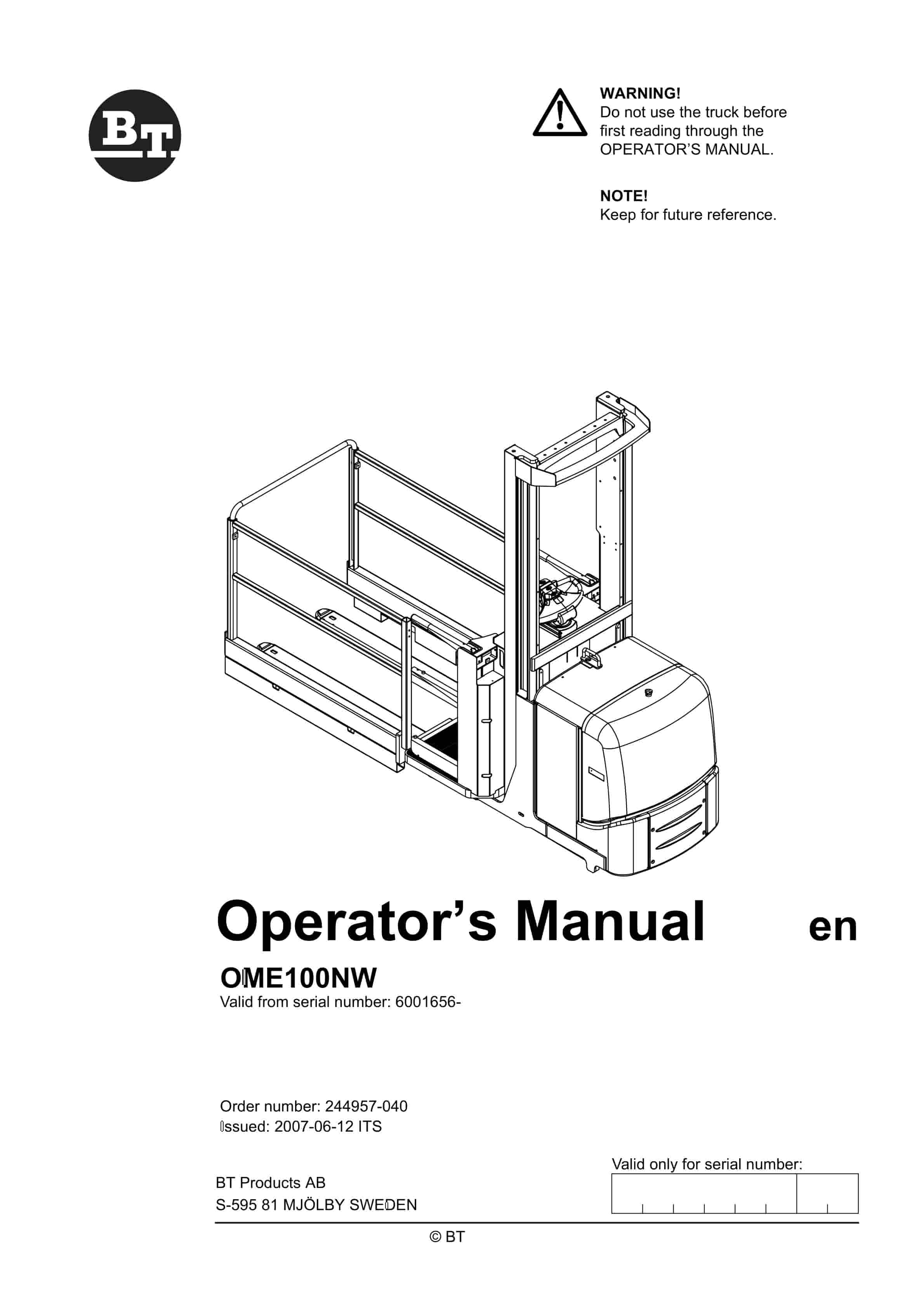 BT OME100NW Operator Manual 244957-040