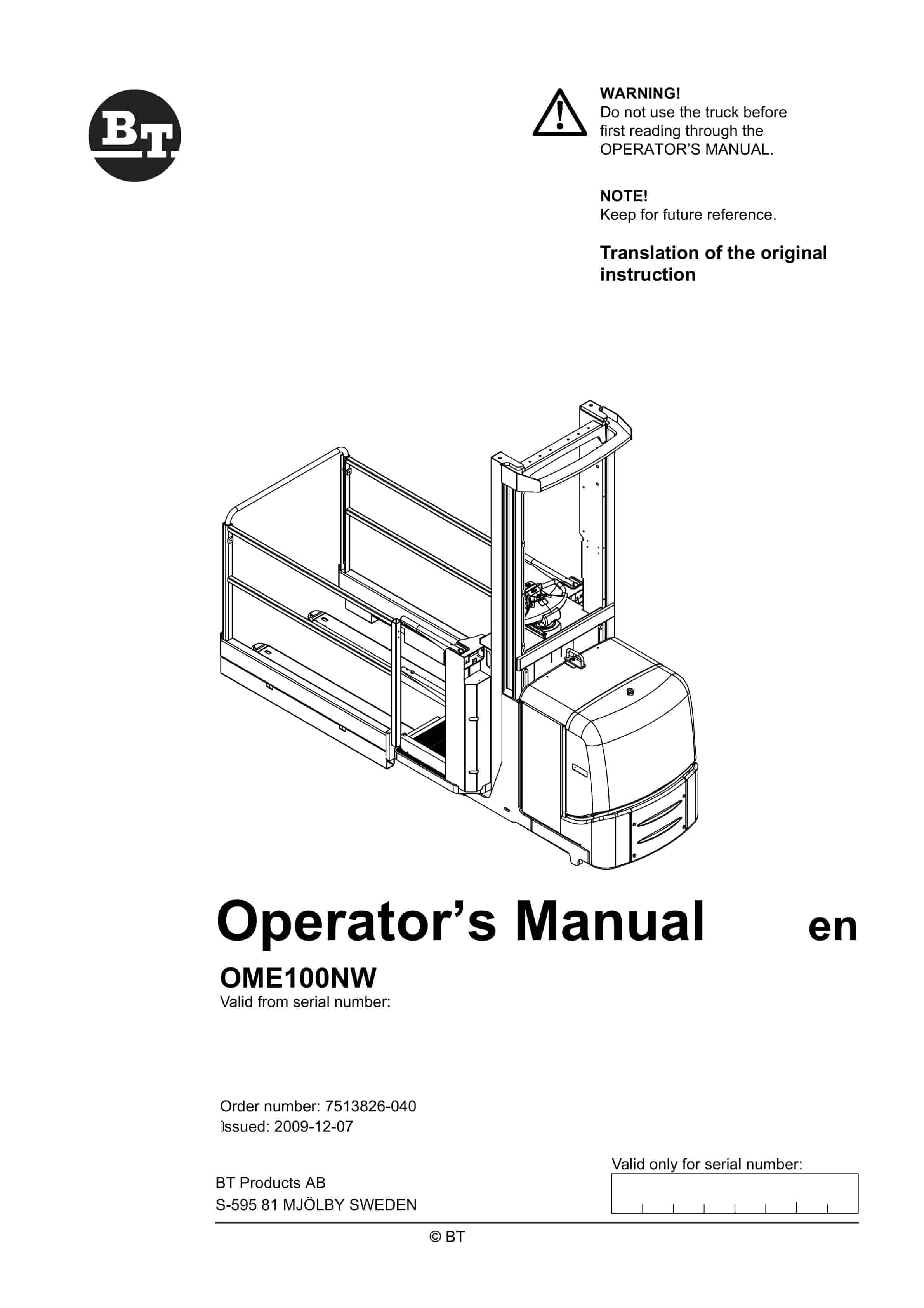BT OME100NW Operator Manual 7513826-040