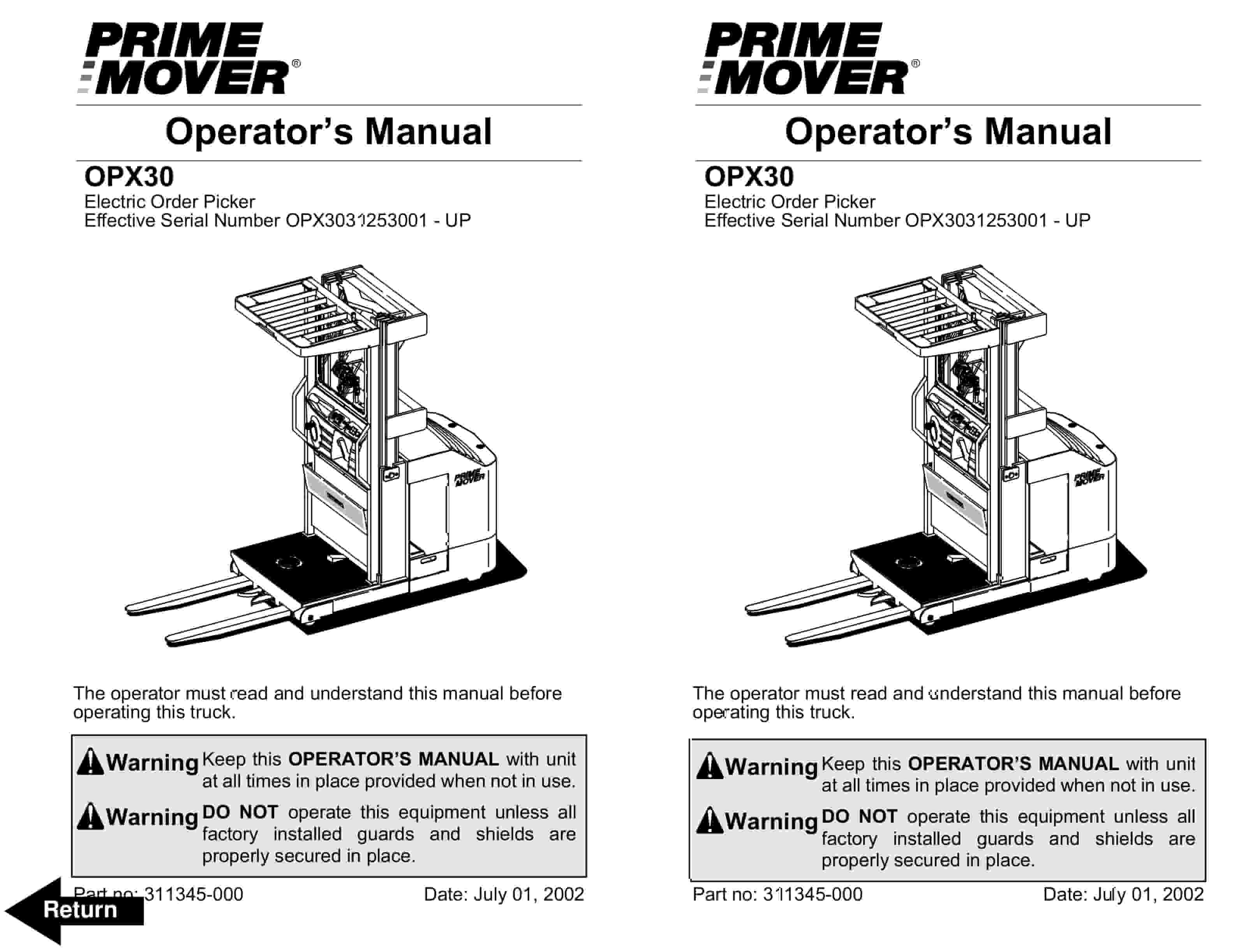 BT OPX30 Electric Order Picker Operator Manual 311345-000