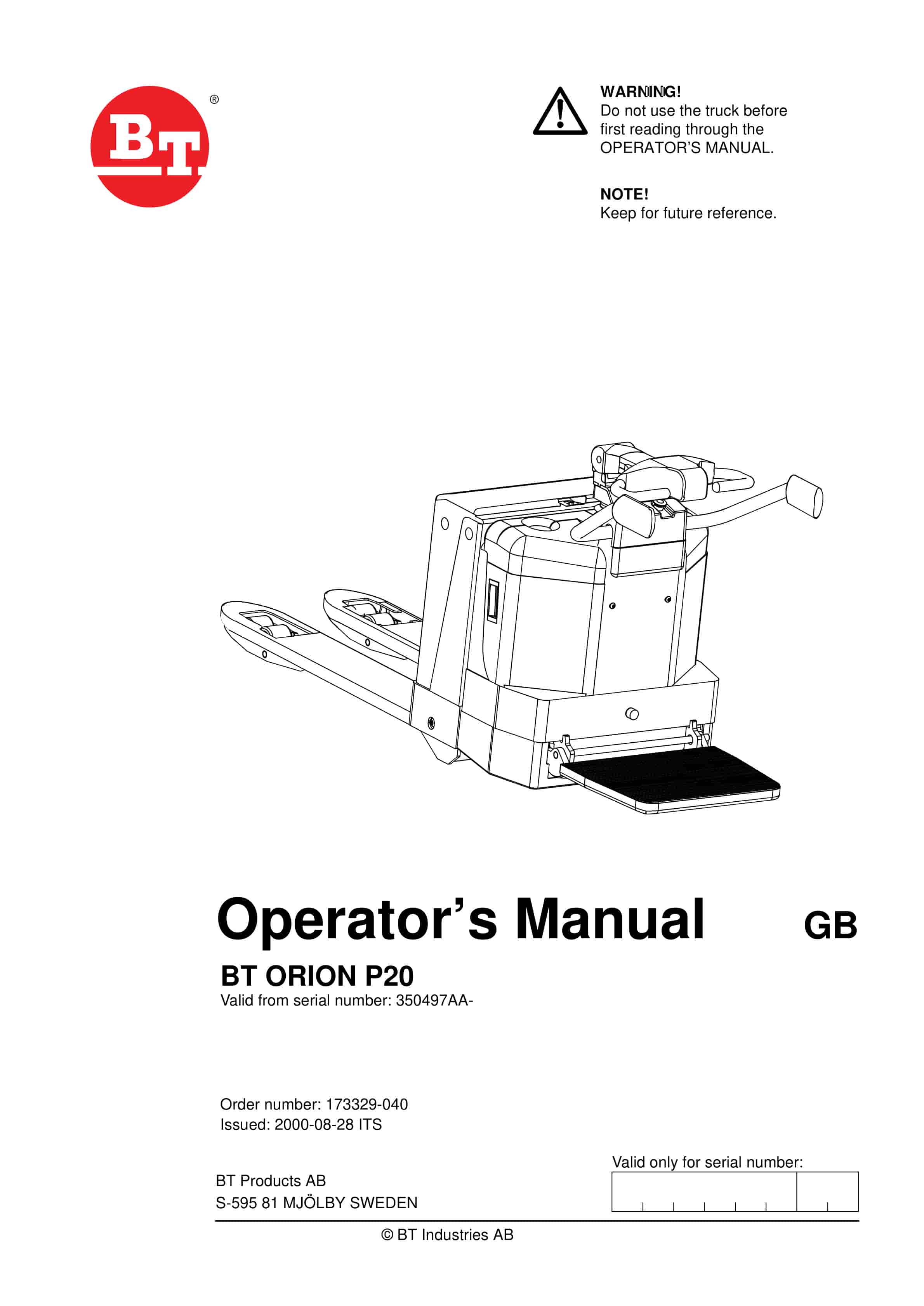 BT ORION P20 Operator Manual 173329-040