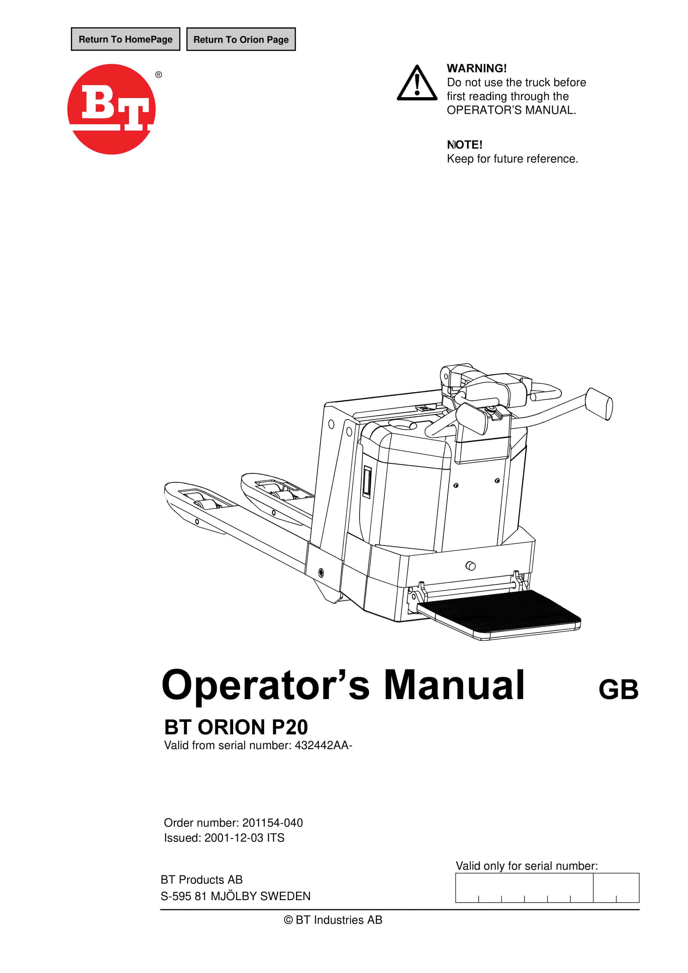 BT ORION P20 Operator Manual 201154-040